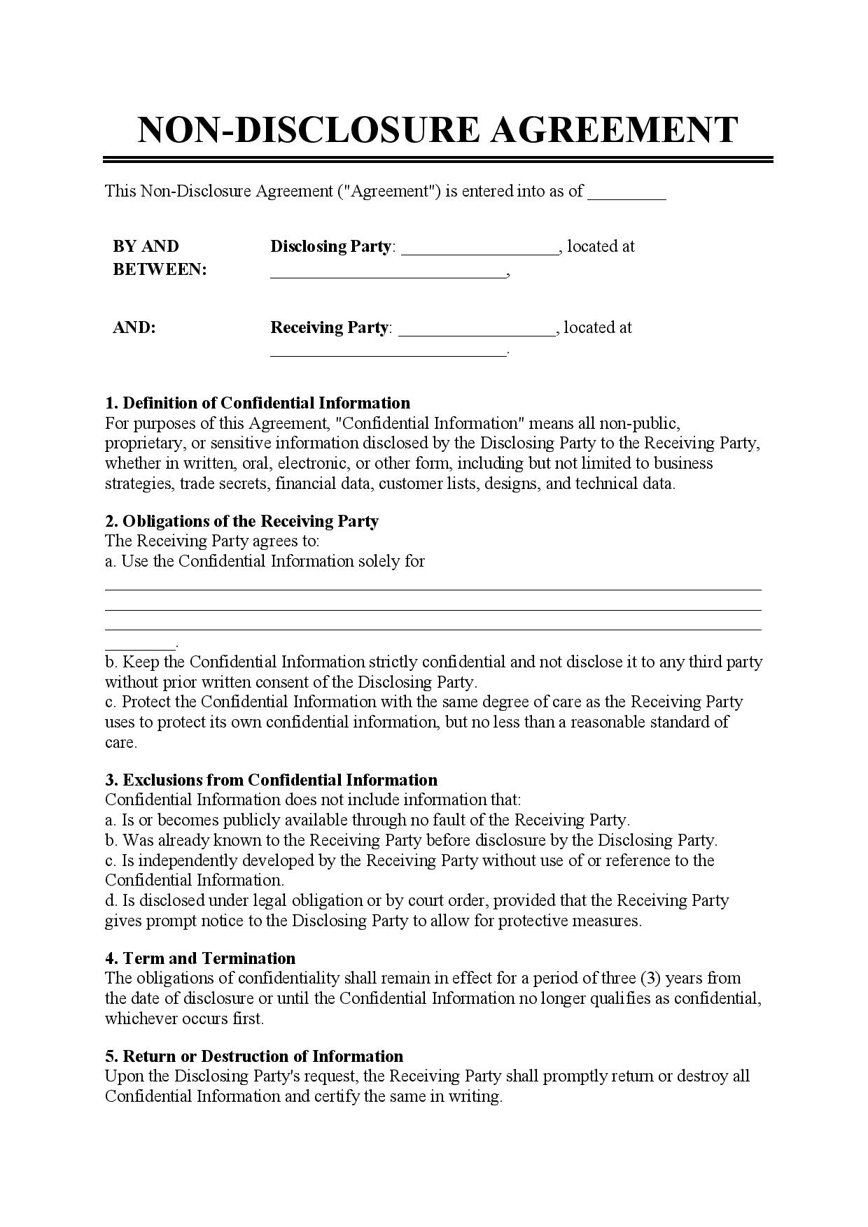 Sample Non-Disclosure Agreement Template Sample Non-Disclosure Agreement Template