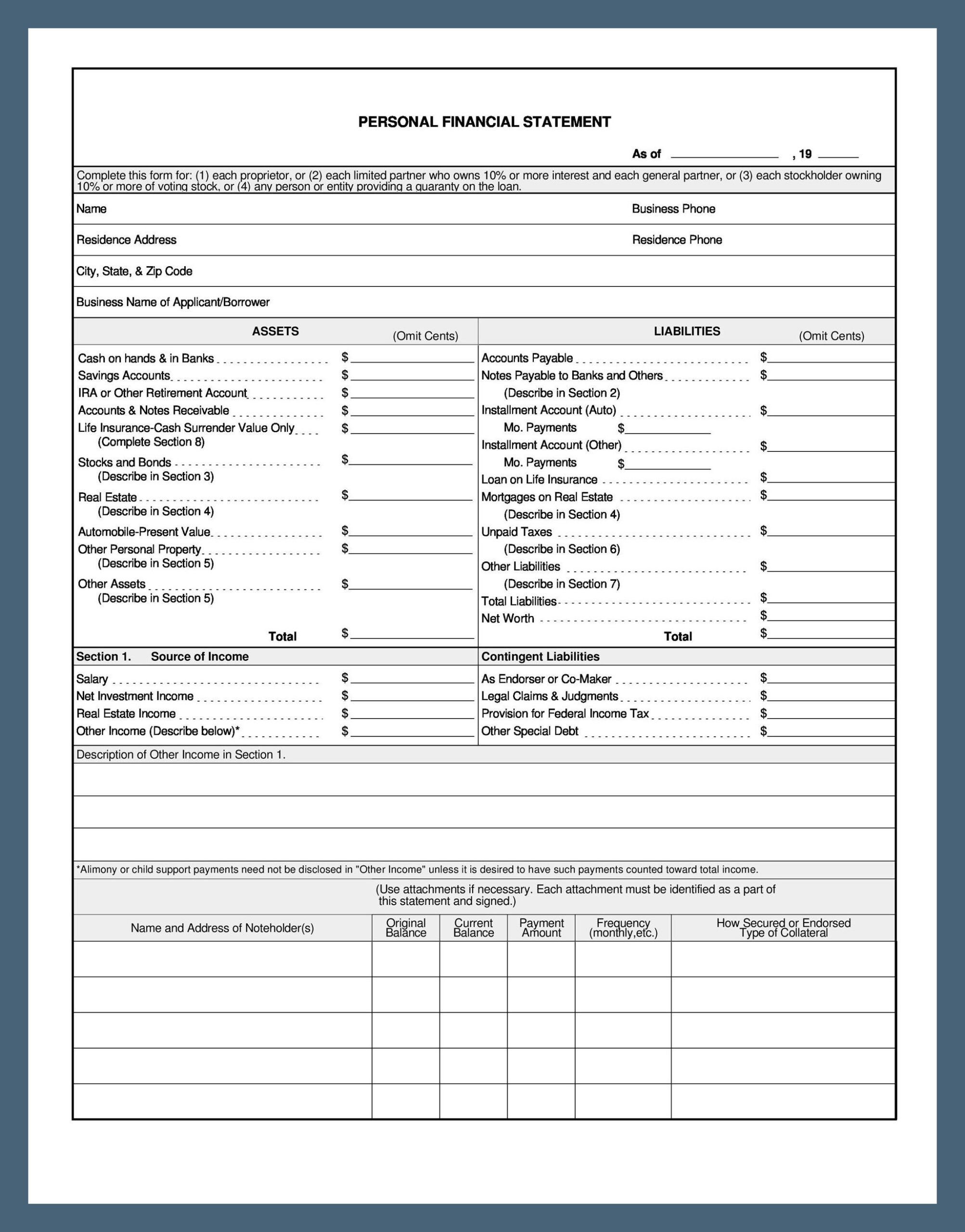 Sample Personal Financial Statement Template Sample Personal Financial Statement Template