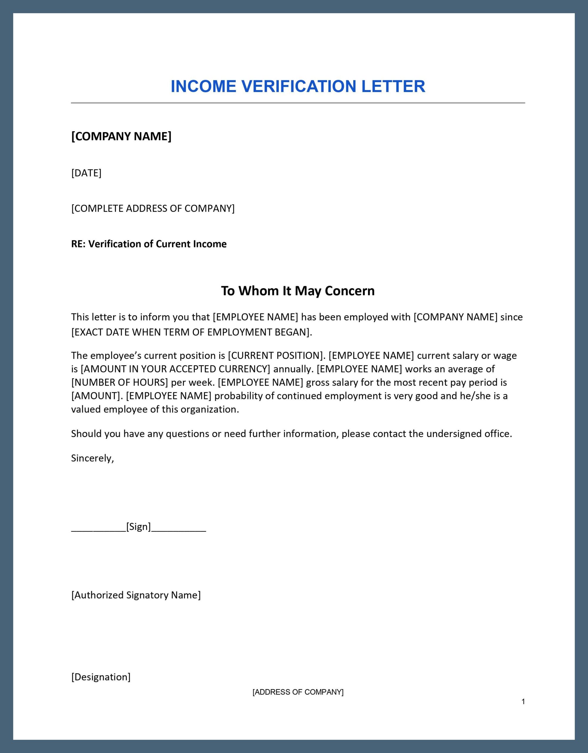 Sample Proof of Income Letter Template Sample Proof of Income Letter Template