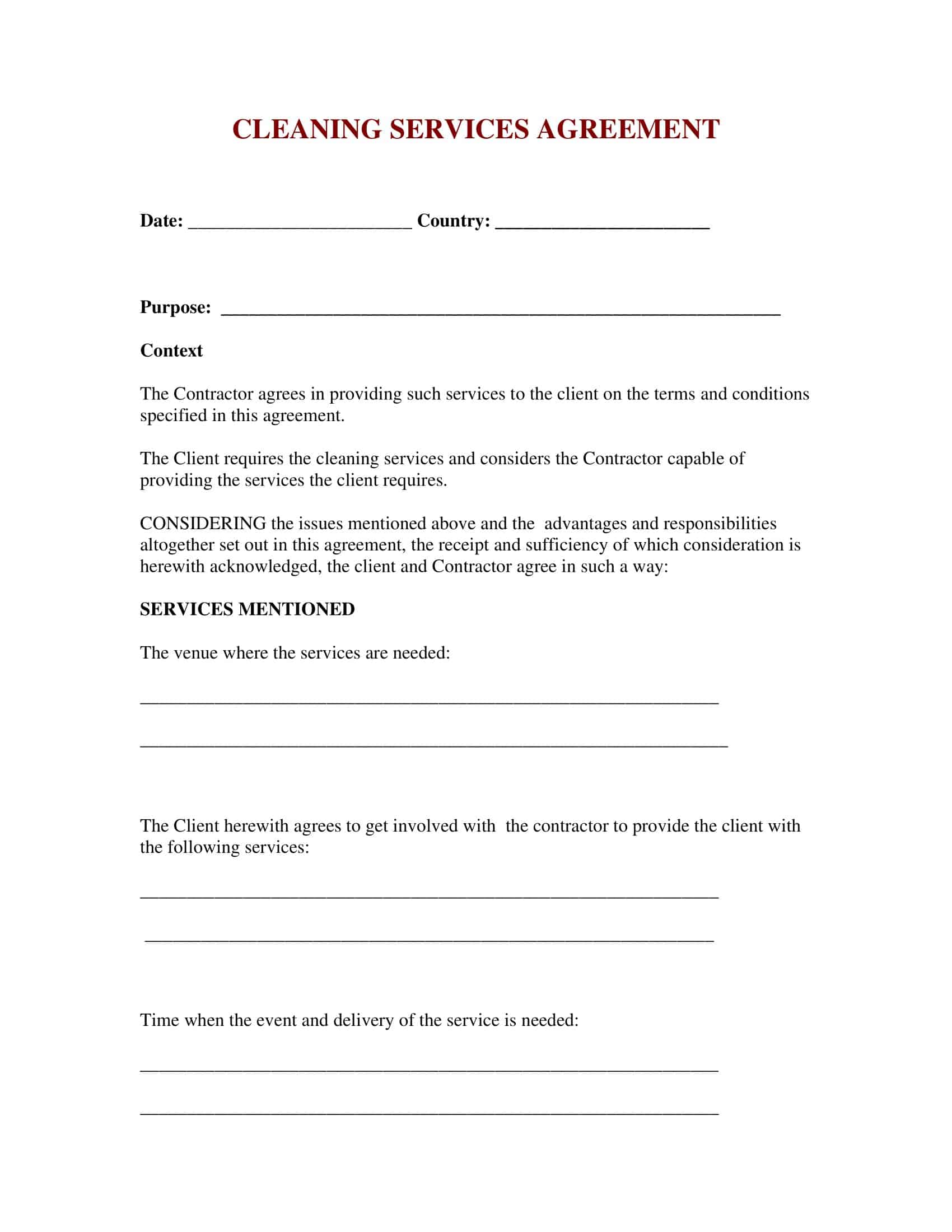 Sample of Cleaning Service Agreement Template