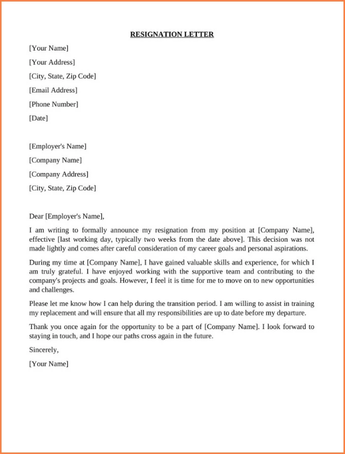 Sample of Formal Letter of Resignation Template