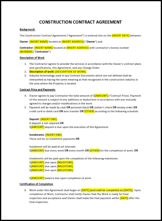 Sample of General Contractor Agreement Template