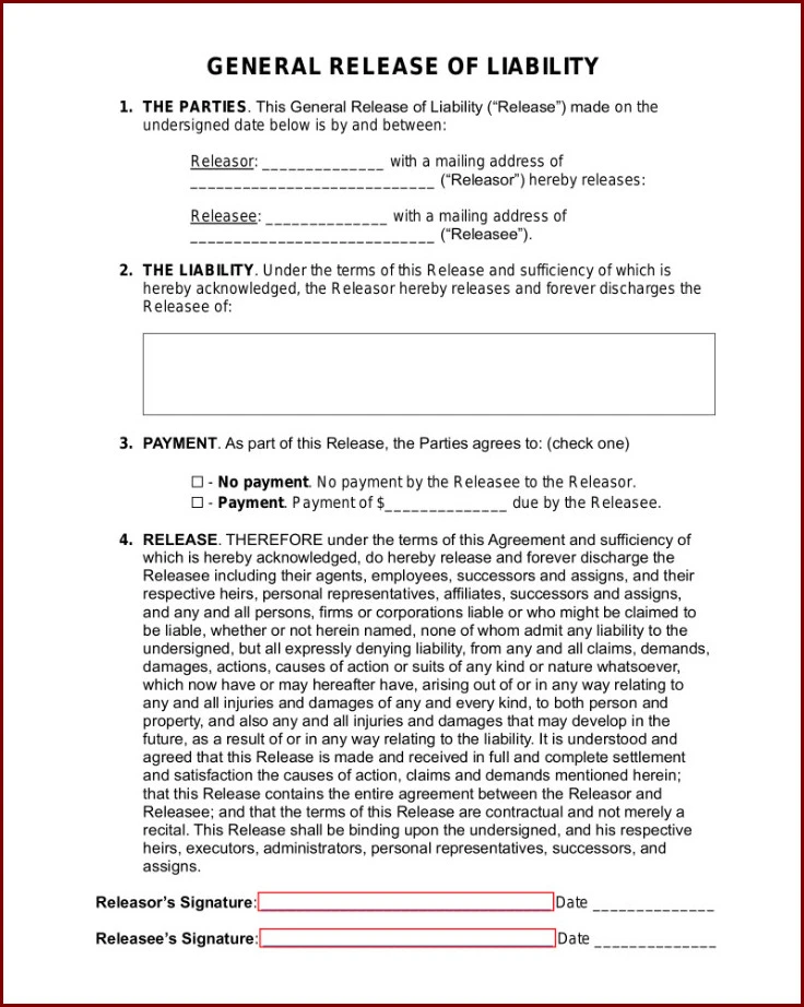 Sample of General Release of Liability Form