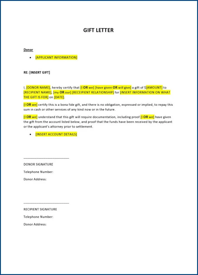 Sample of Gift Letter Template for Mortgage