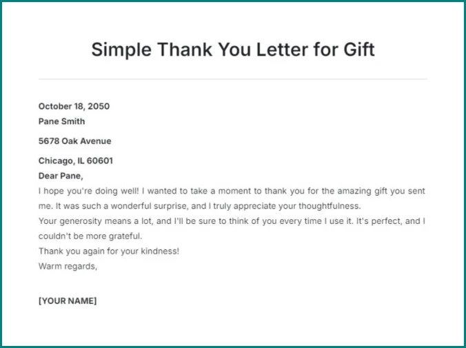Sample of Gift Thank You Note Template