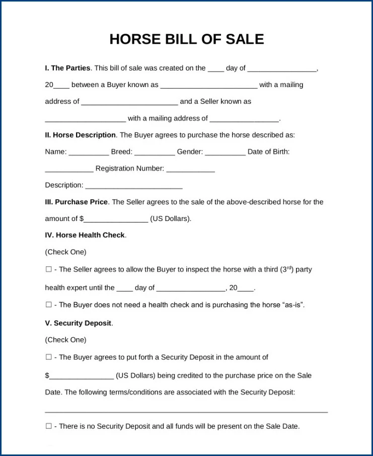 Sample of Horse Bill of Sale Template