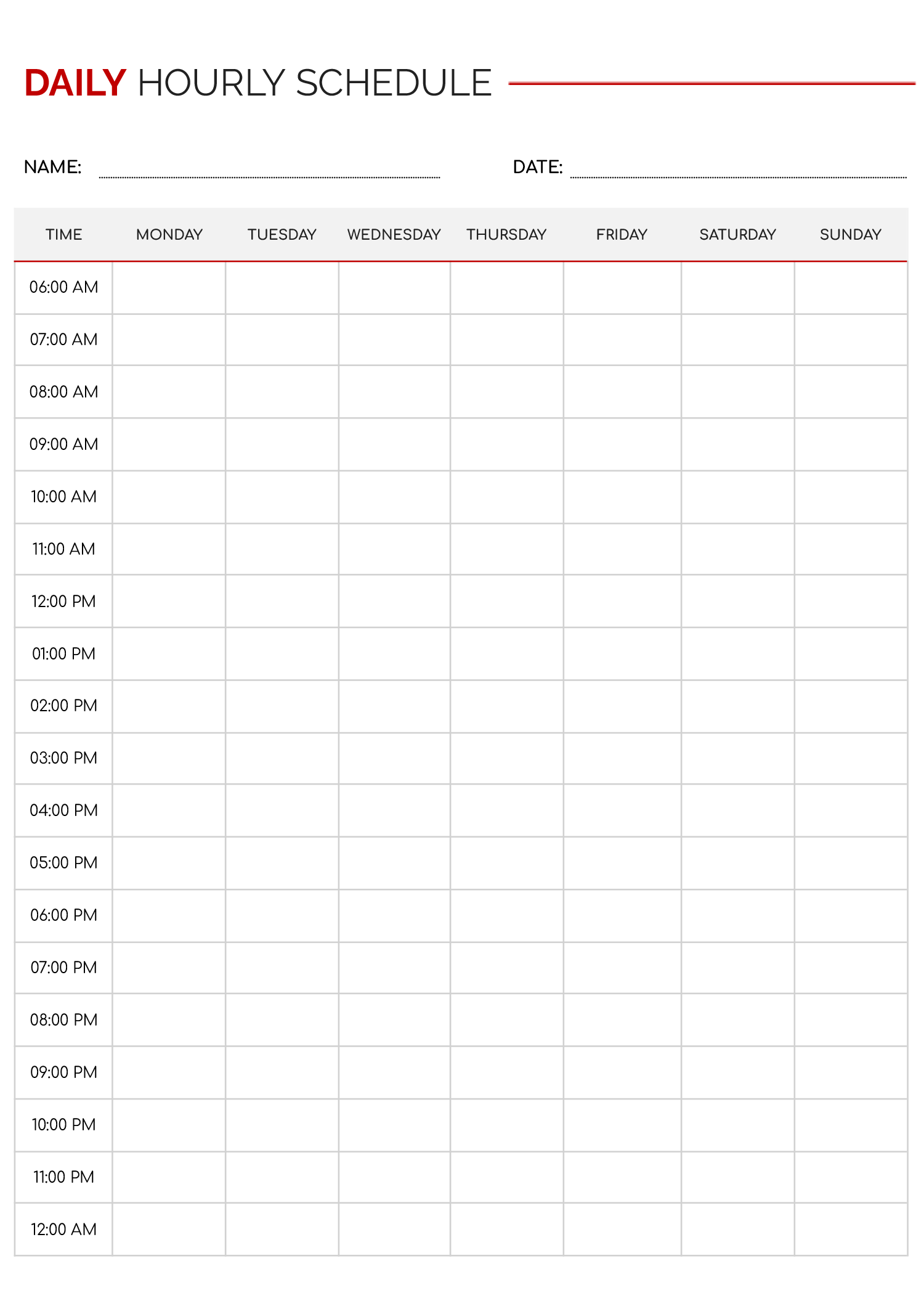 Sample of Hourly Schedule Template