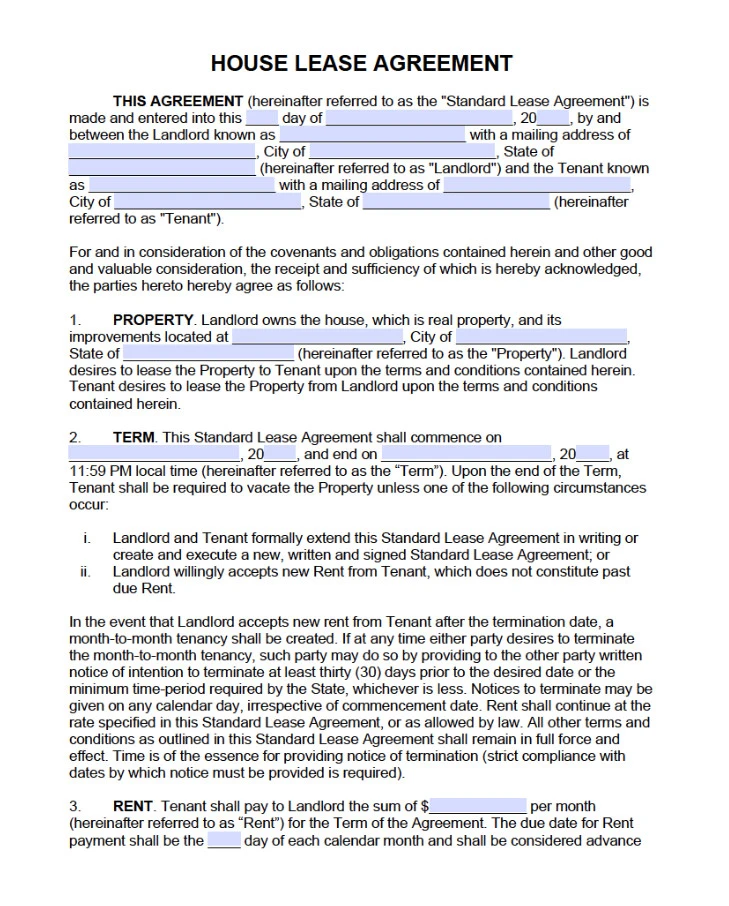 Sample of House Lease Agreement Template