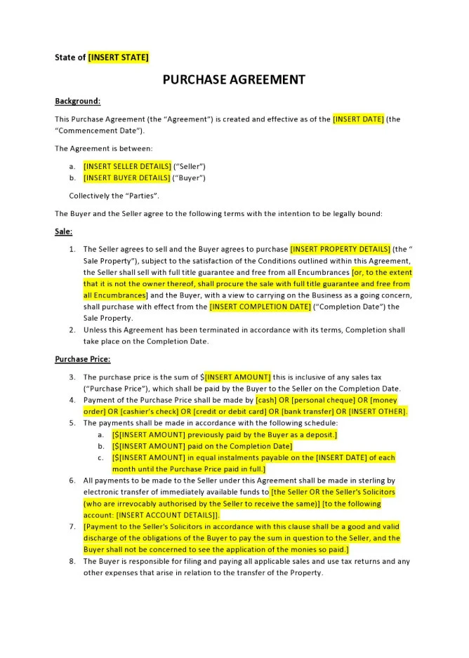 Sample of House Purchase Agreement Template