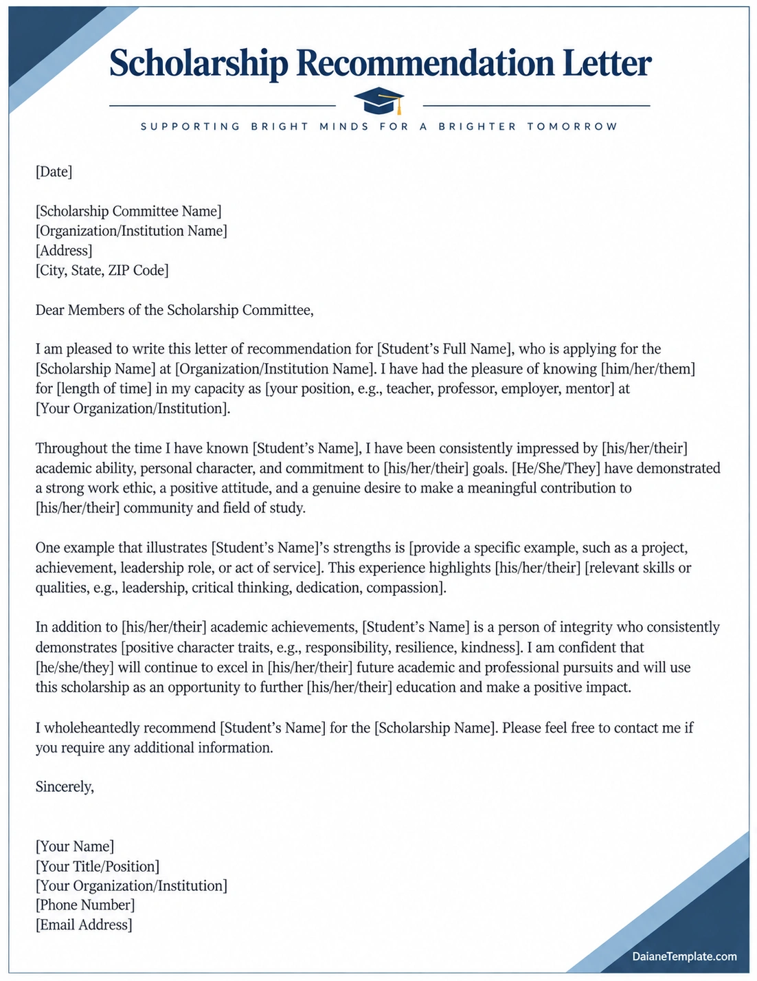 Scholarship Recommendation Letter Template Scholarship Recommendation Letter Template for students applying for scholarships