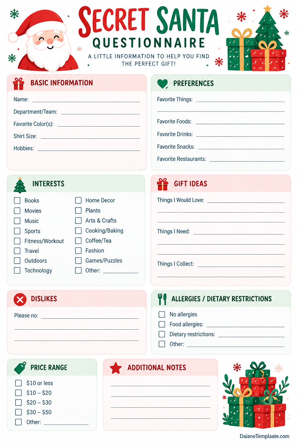 Secret Santa Questionnaire Template Printable Secret Santa questionnaire template with gift preferences, interests, dislikes, gift ideas, dietary restrictions, and price range