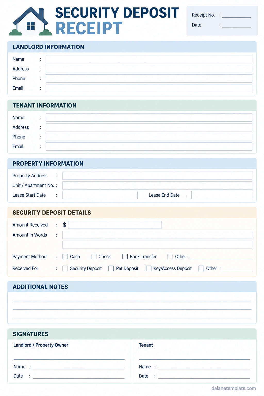 Security Deposit Receipt Template Printable security deposit receipt template with landlord, tenant, property deposit amount, payment method, and signature fields