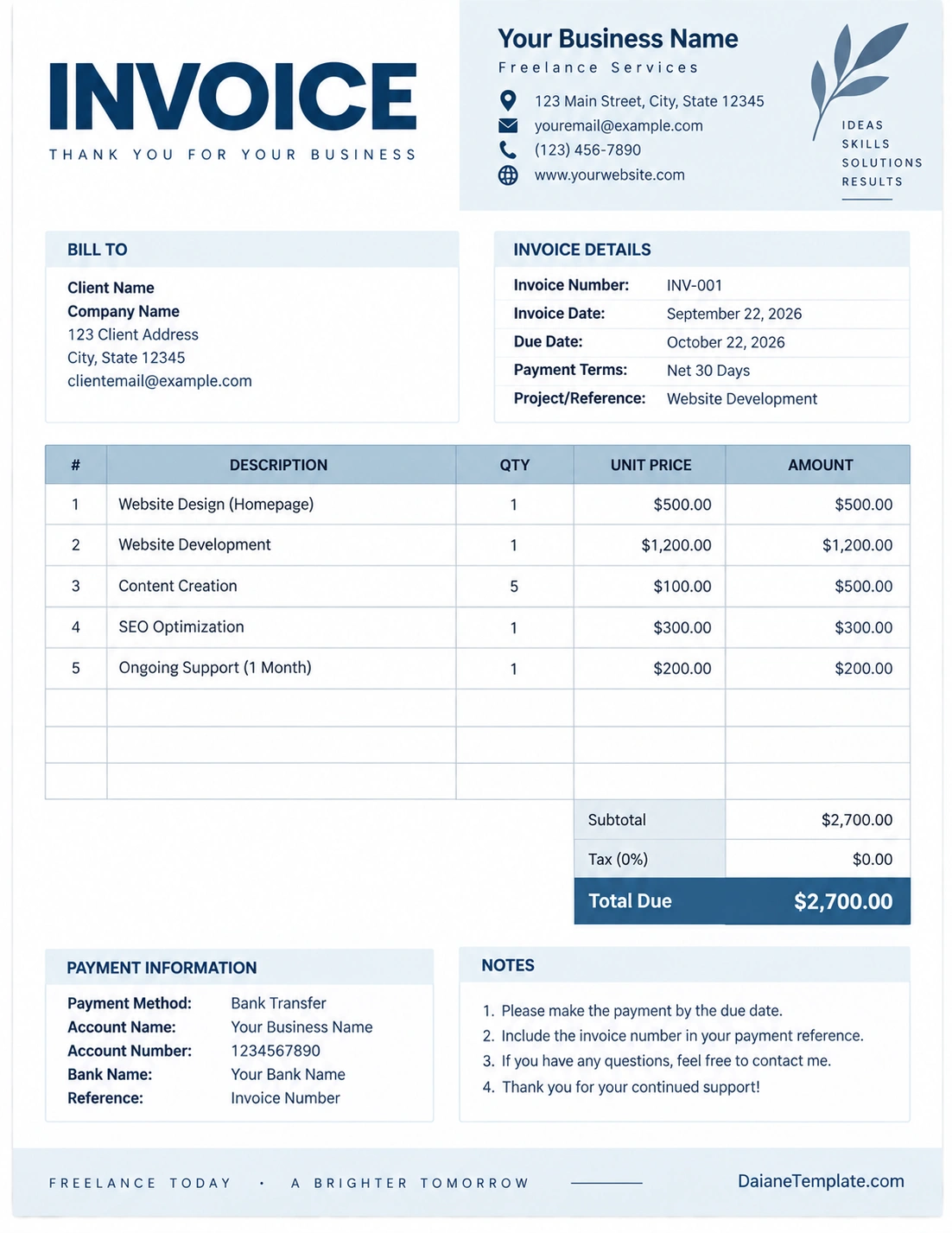 Self-employed Invoice Template Printable self-employed invoice template with business information, client details, invoice number, services, quantities, prices, payment information, and total amount due