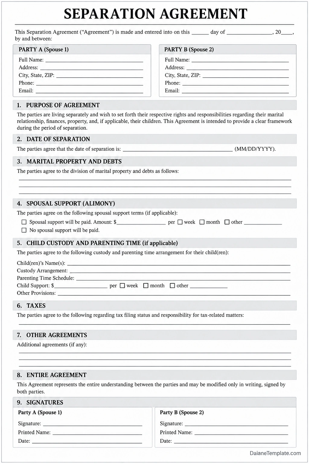 Separation Agreement Template Printable separation agreement template with sections for party information, separation date, property and debts, spousal support, child custody, taxes, additional terms, and signatures