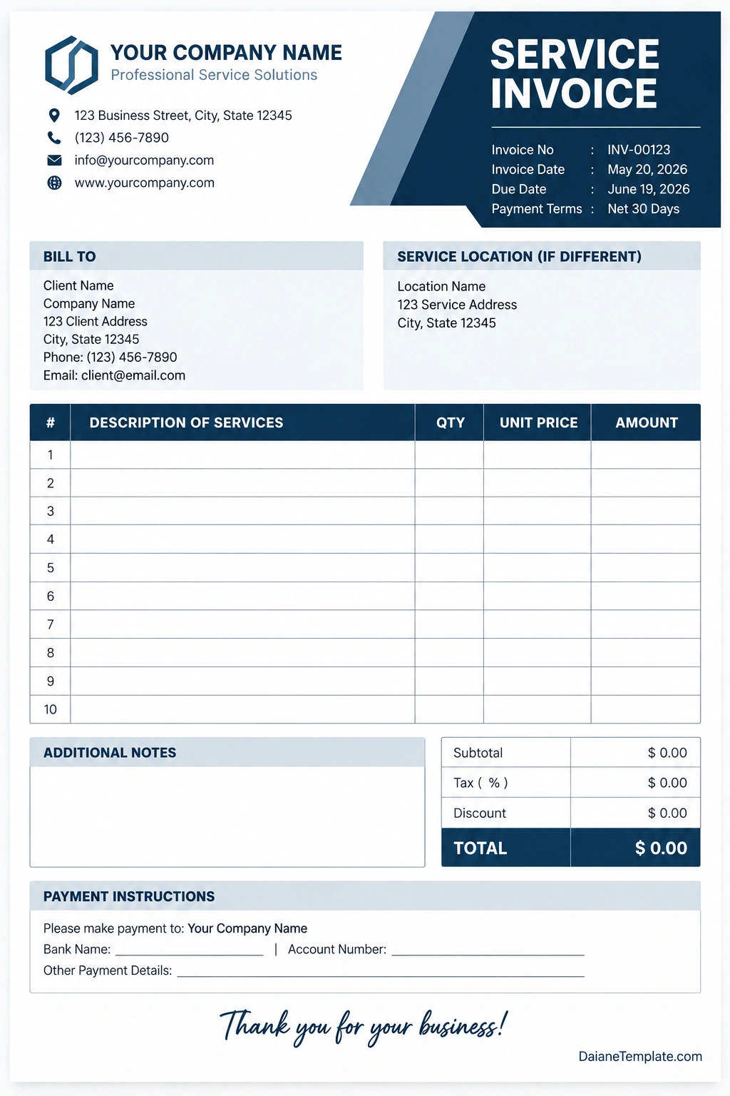 Service Invoice Template Printable service invoice template with business details, client information, itemized services, payment terms, and total amount due