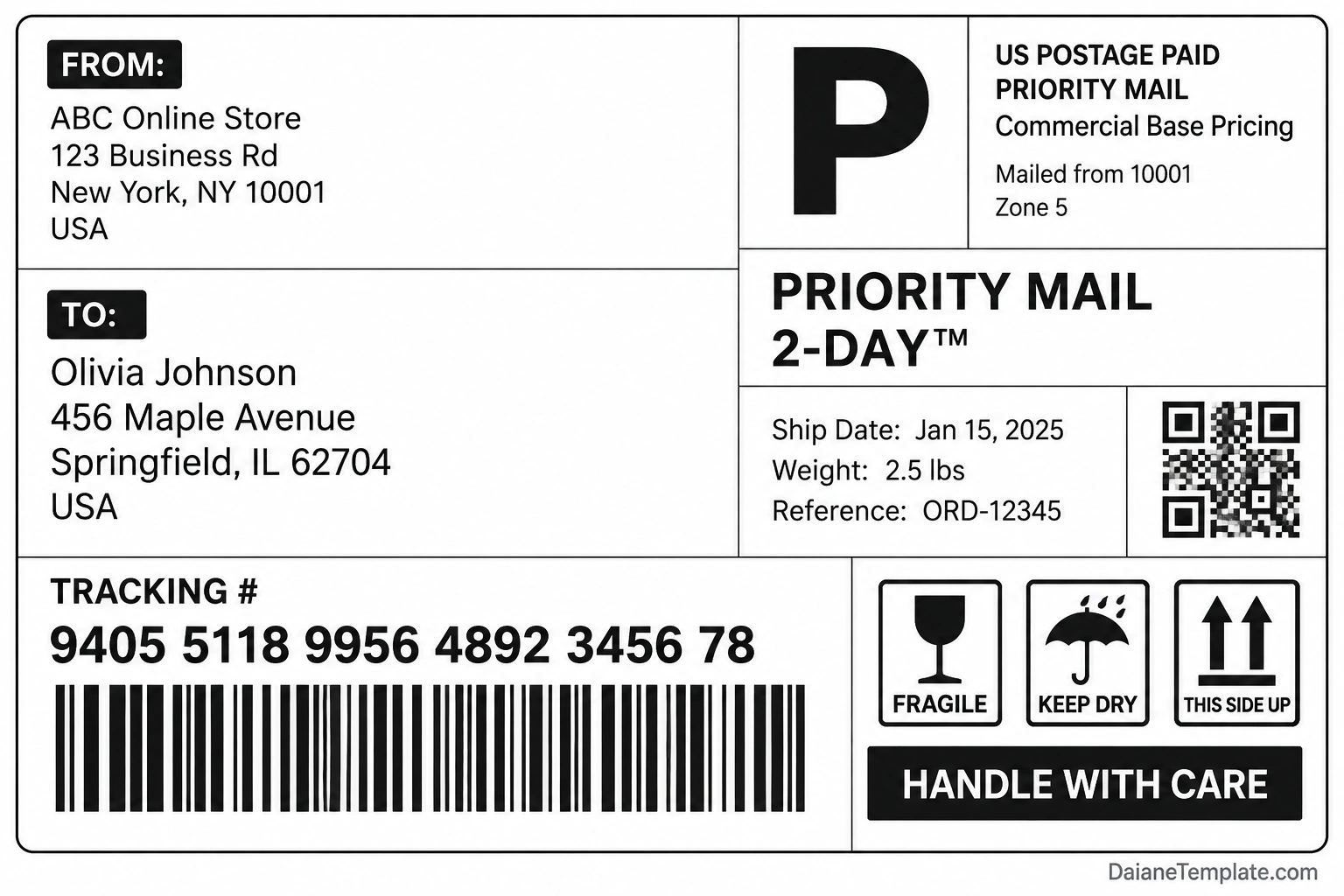 Sample black-and-white shipping label showing sender and recipient addresses, priority shipping information, tracking number, barcode, QR code, and package handling symbols