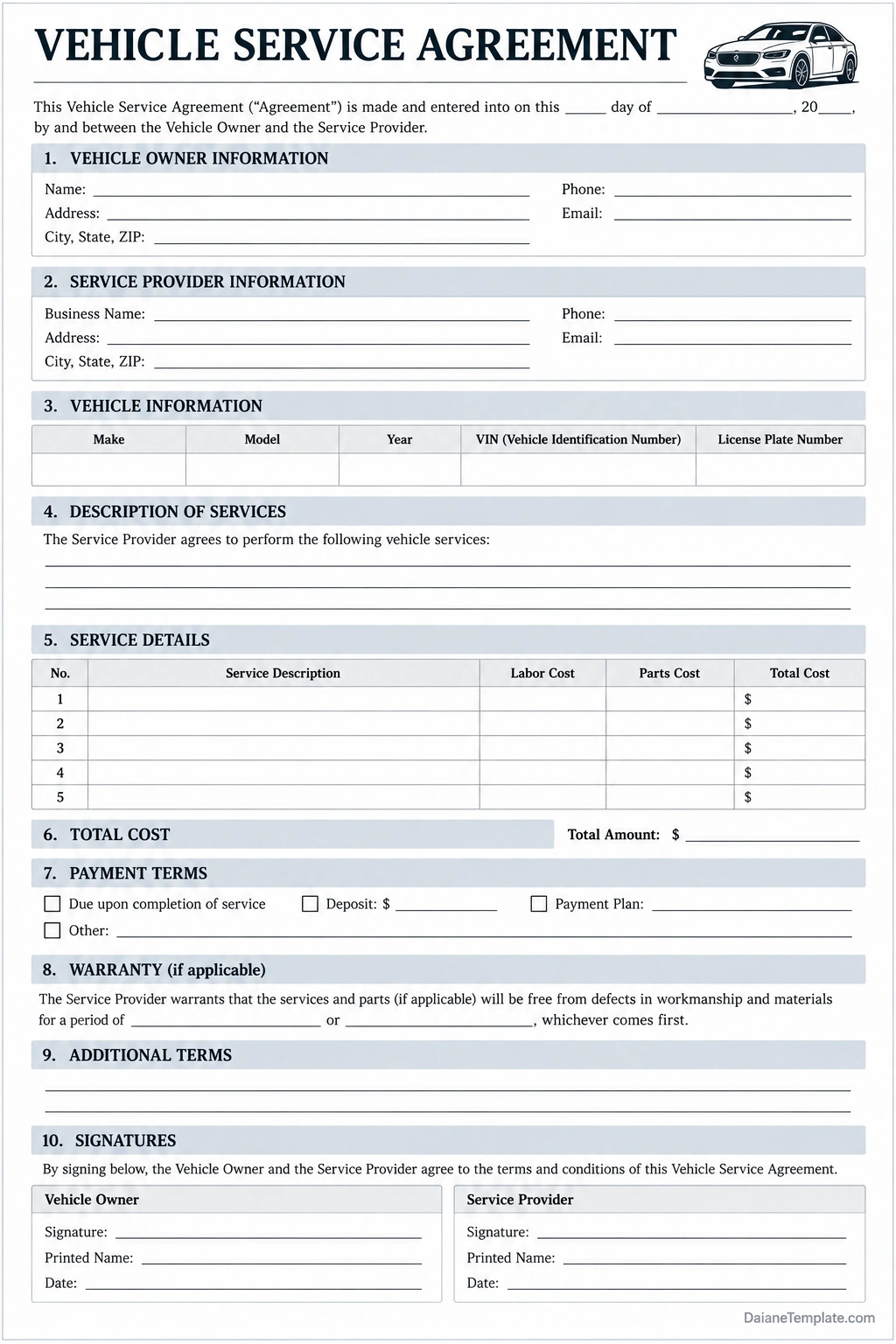 Printable Vehicle Service Agreement template with vehicle owner and service provider information, vehicle identification details, repair services, labor and parts costs, payment terms, warranty, and signature sections