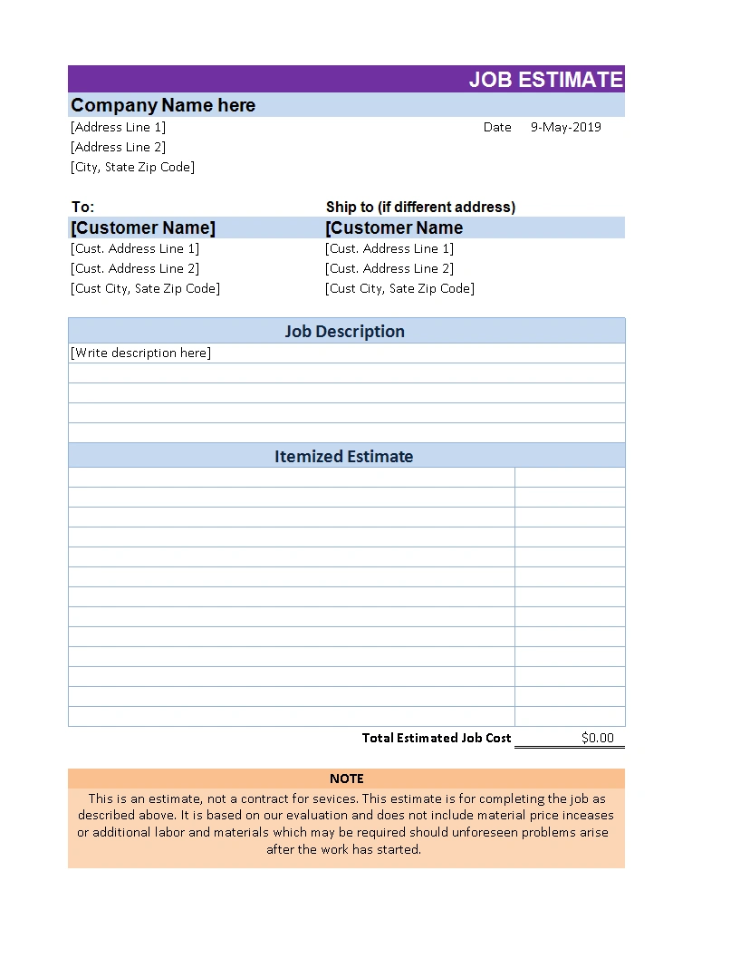 Work Estimate Template Simple Work Estimate Template Excel