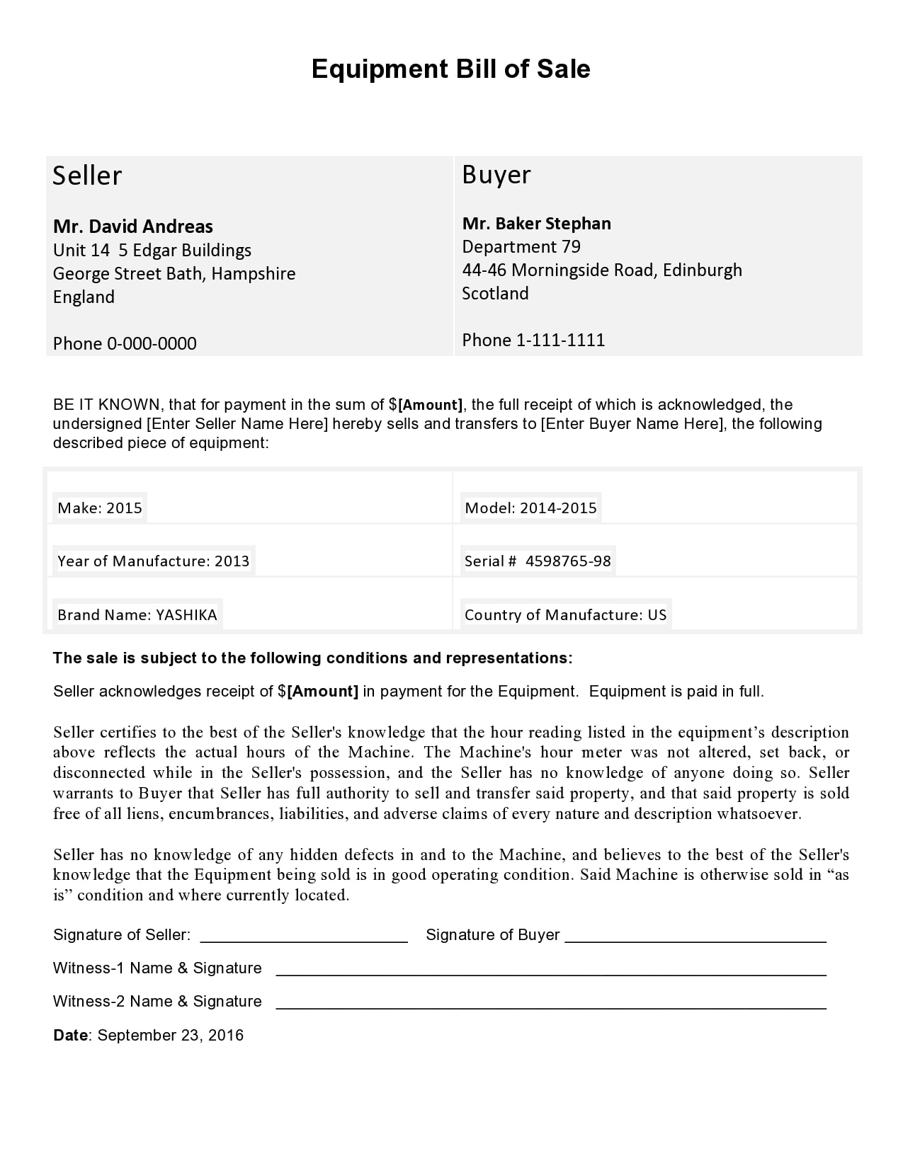 bill of sale equipment word