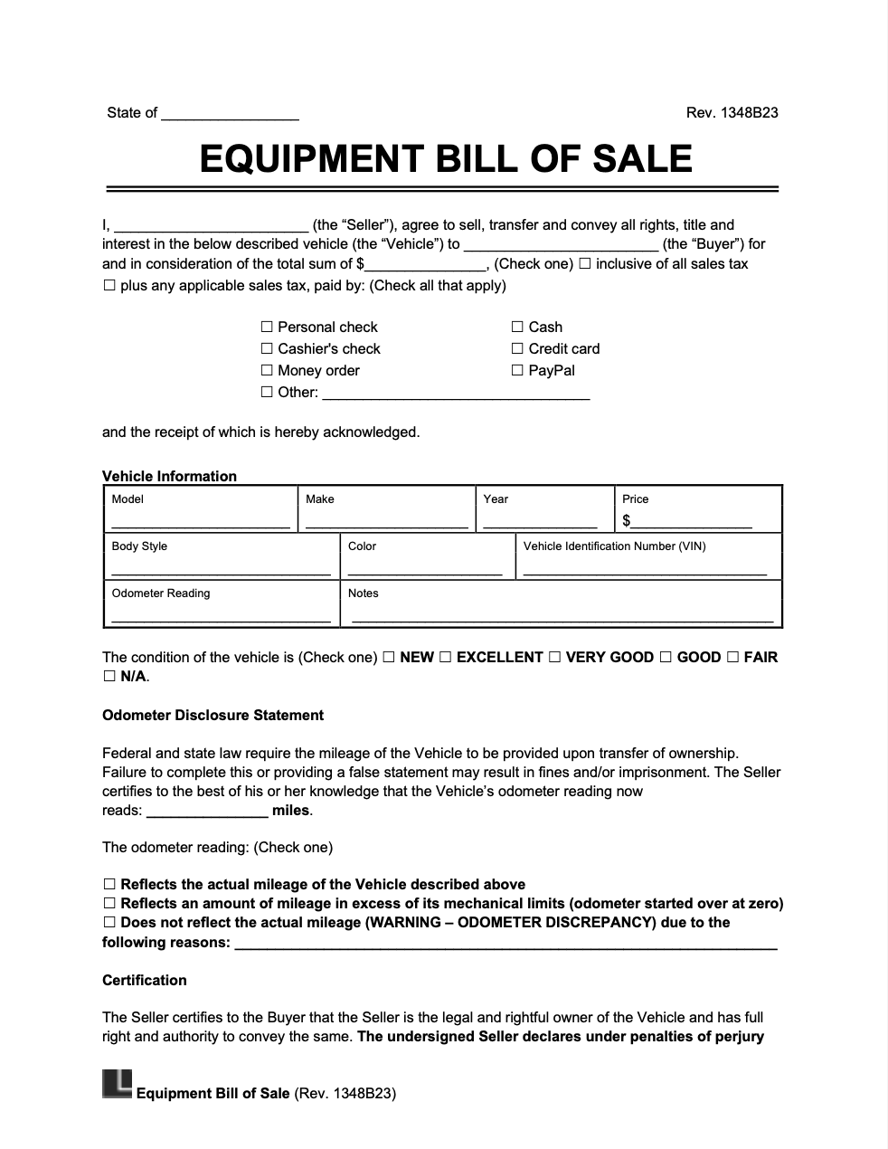 bill of sale for equipment