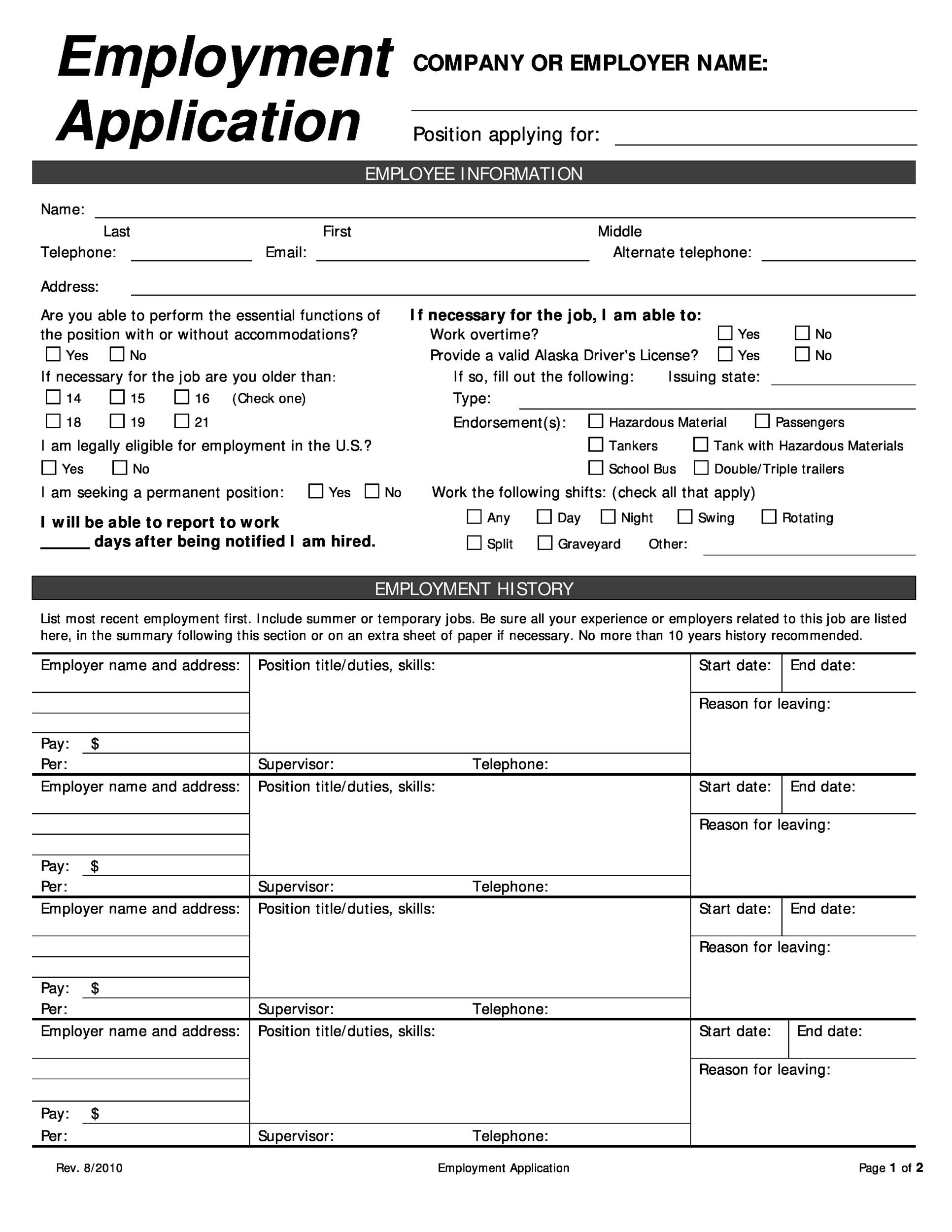 blank employment application word document