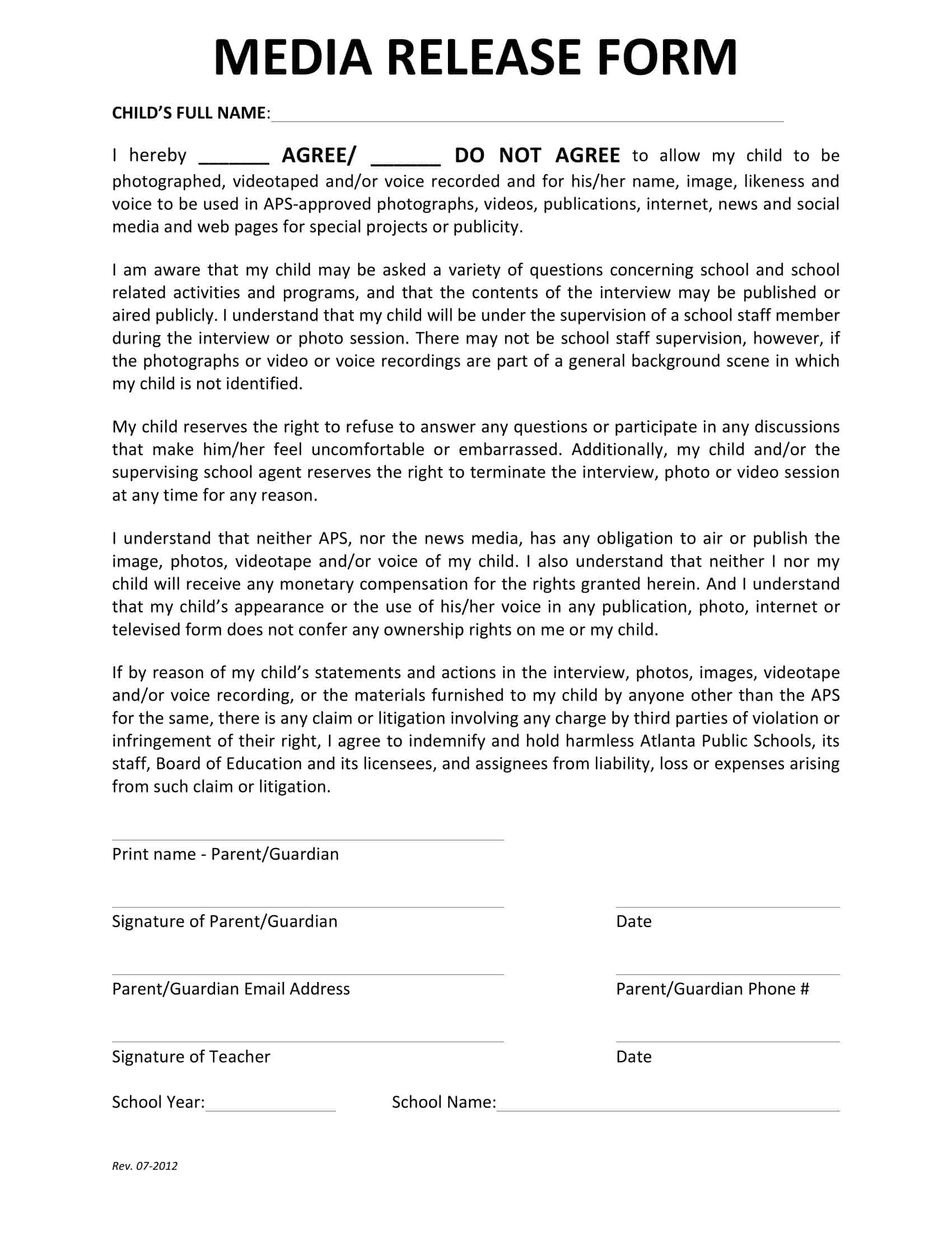 blank media release form template