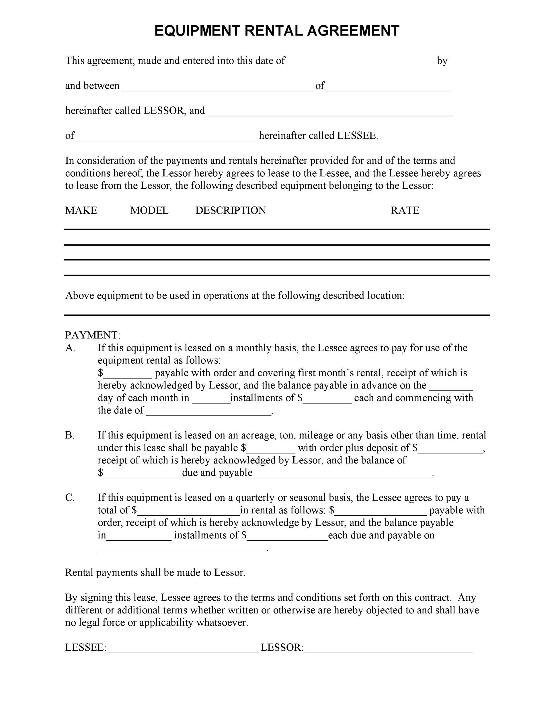 blank printable equipment rental agreement blank printable equipment rental agreement