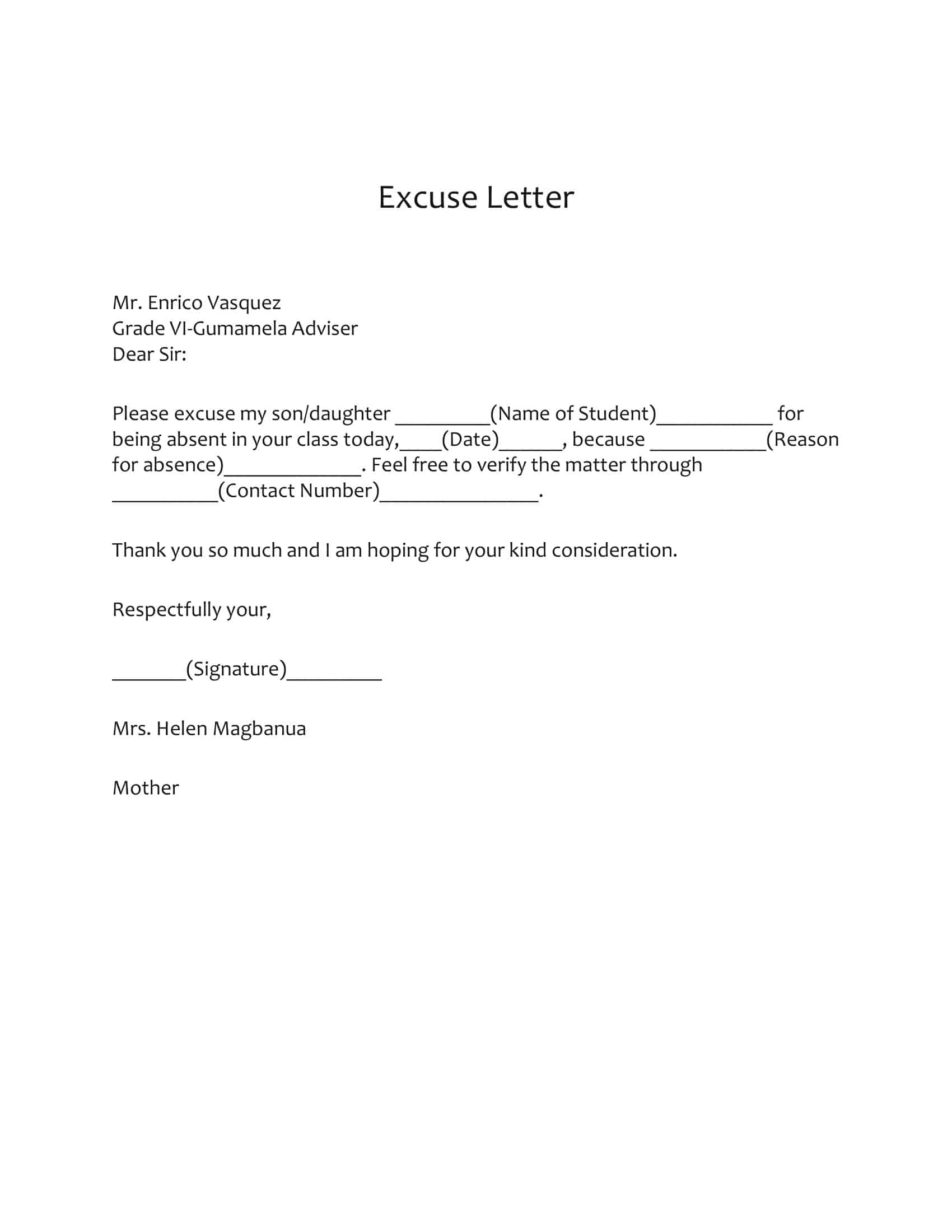 correct format of excuse letter
