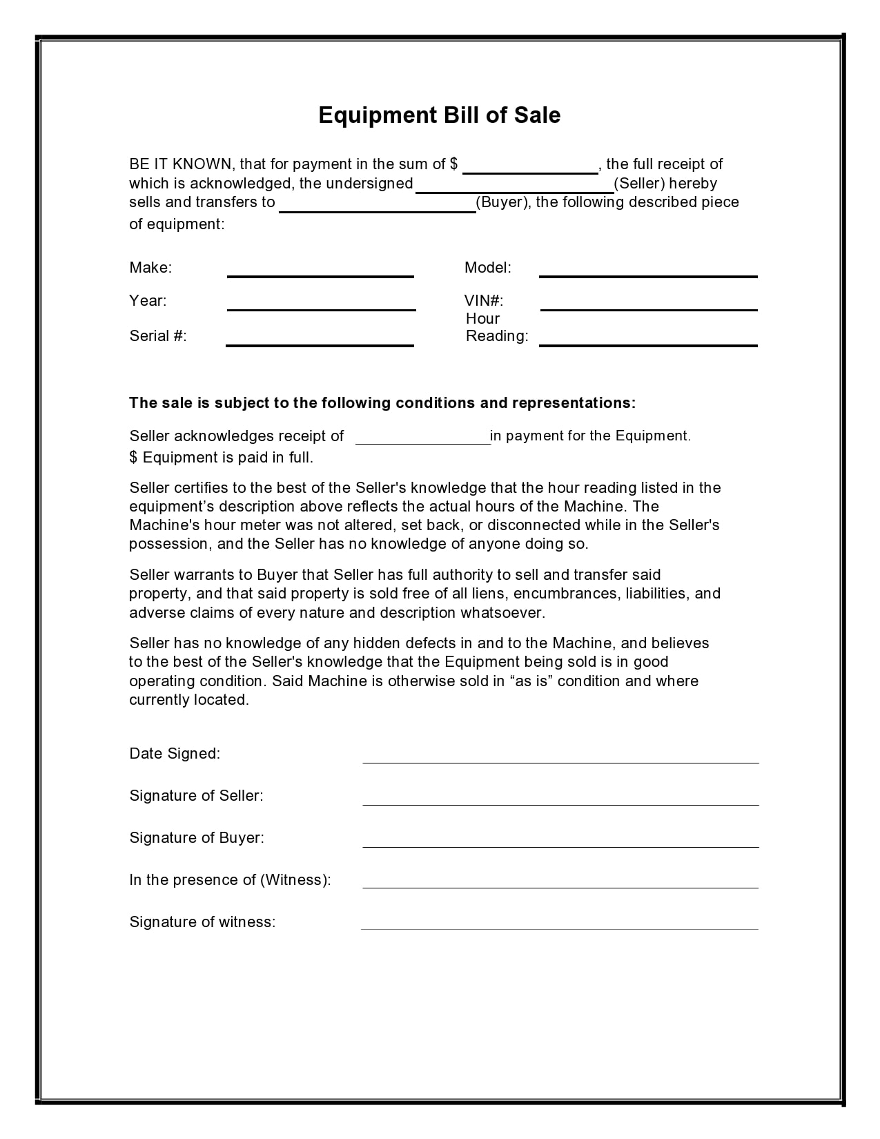 equipment bill of sale form free printable
