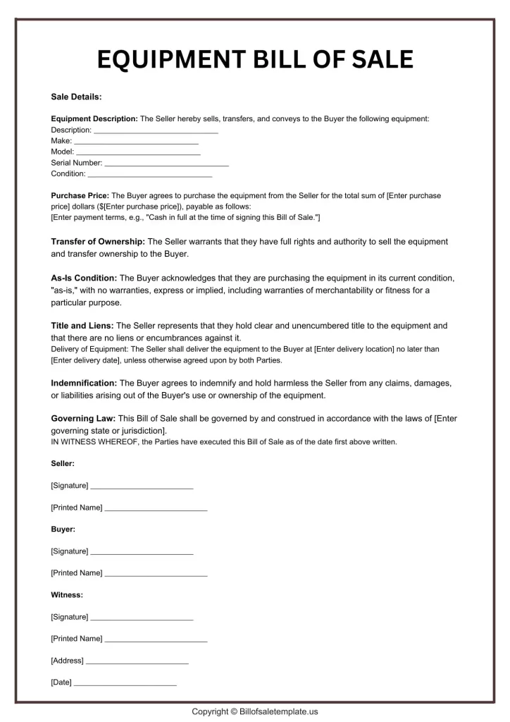 equipment bill of sale form pdf