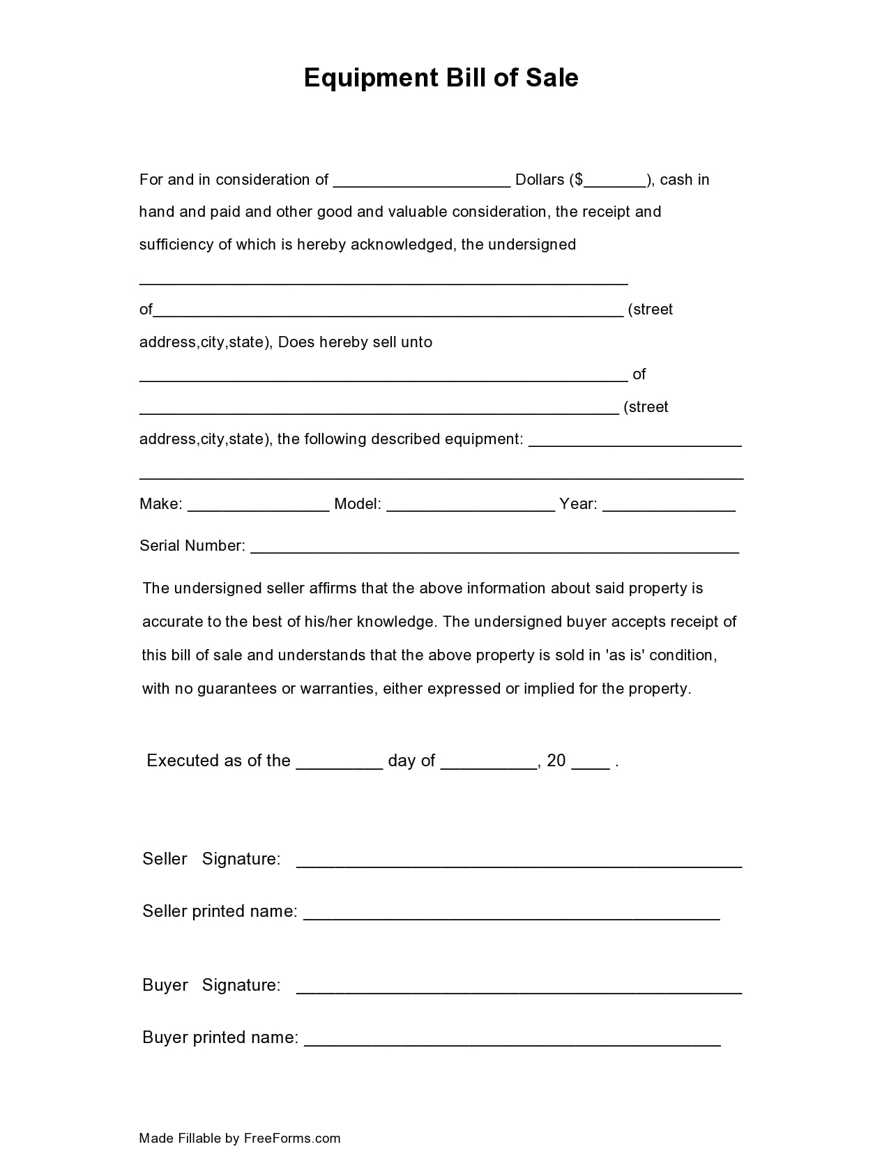equipment bill of sale form