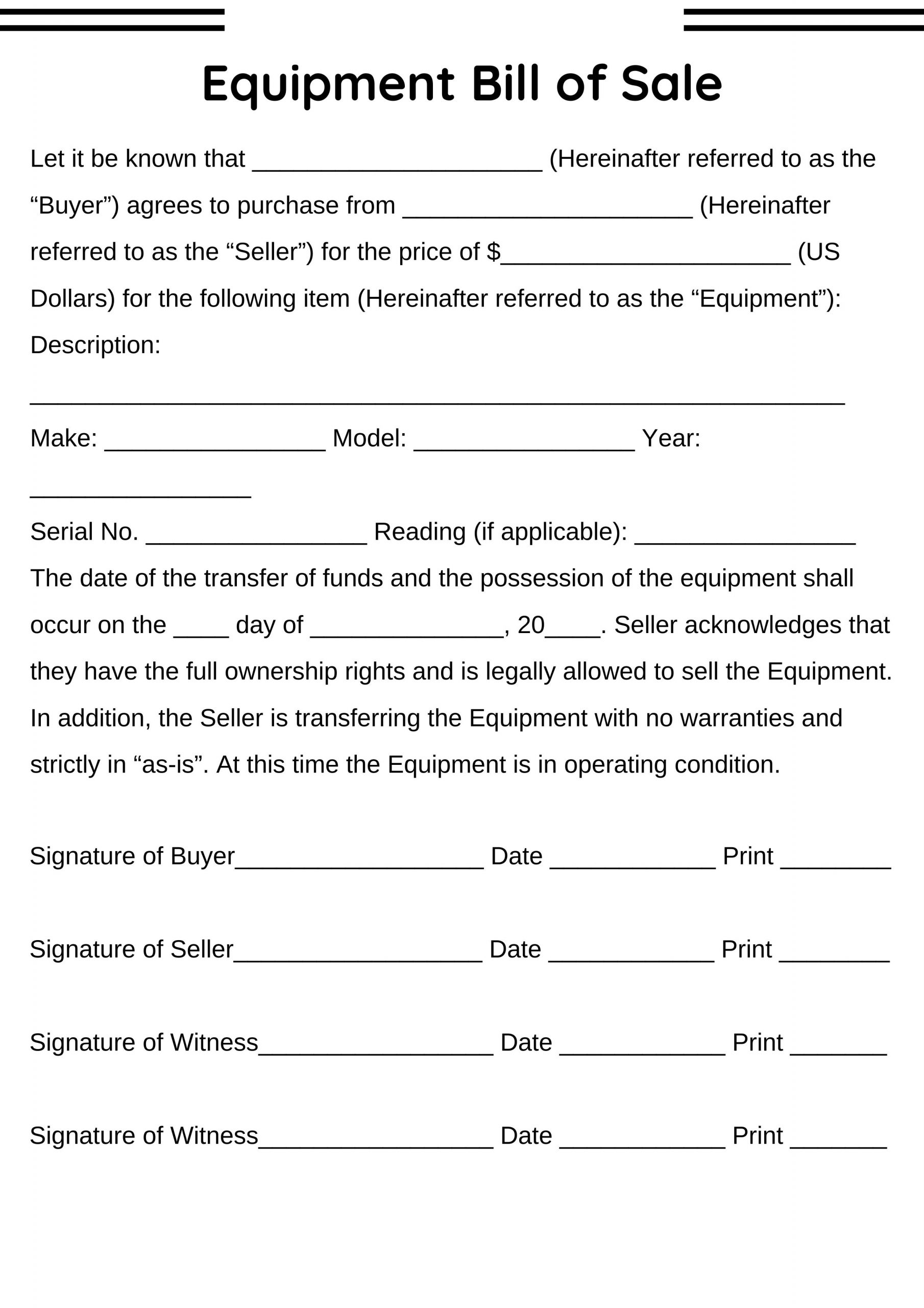 equipment bill of sale printable