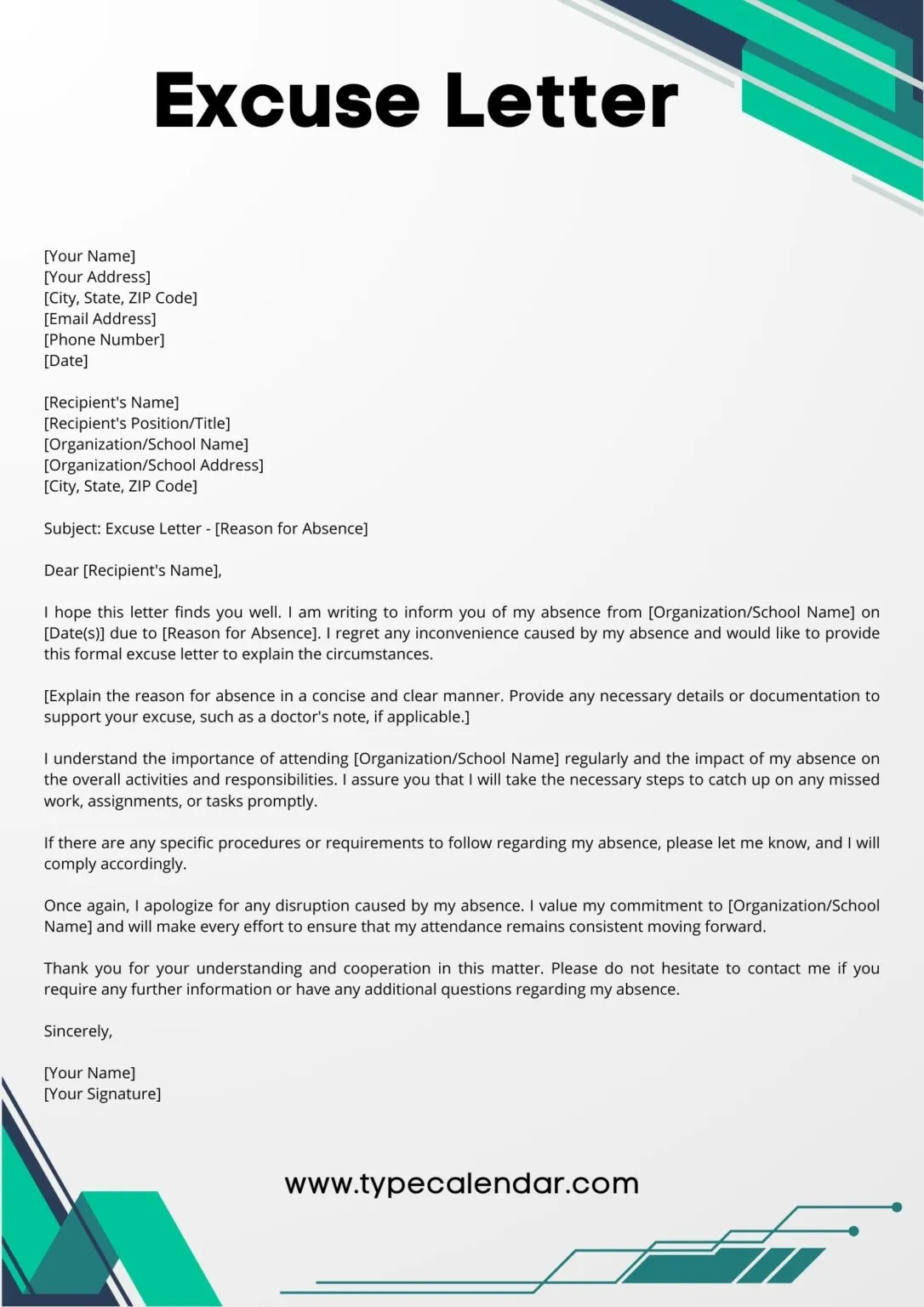 excuse letter format in word