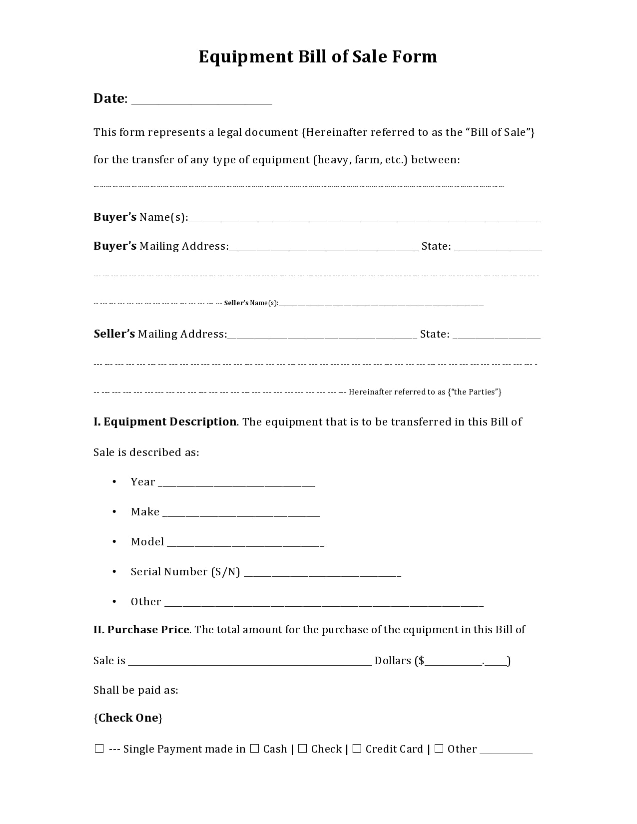 fillable equipment bill of sale