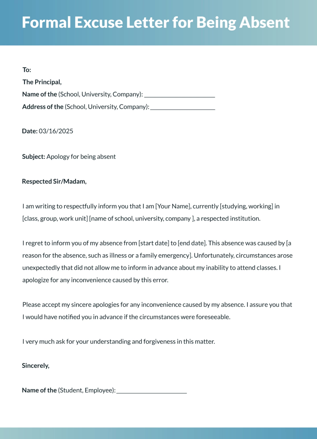 formal excuse letter template word