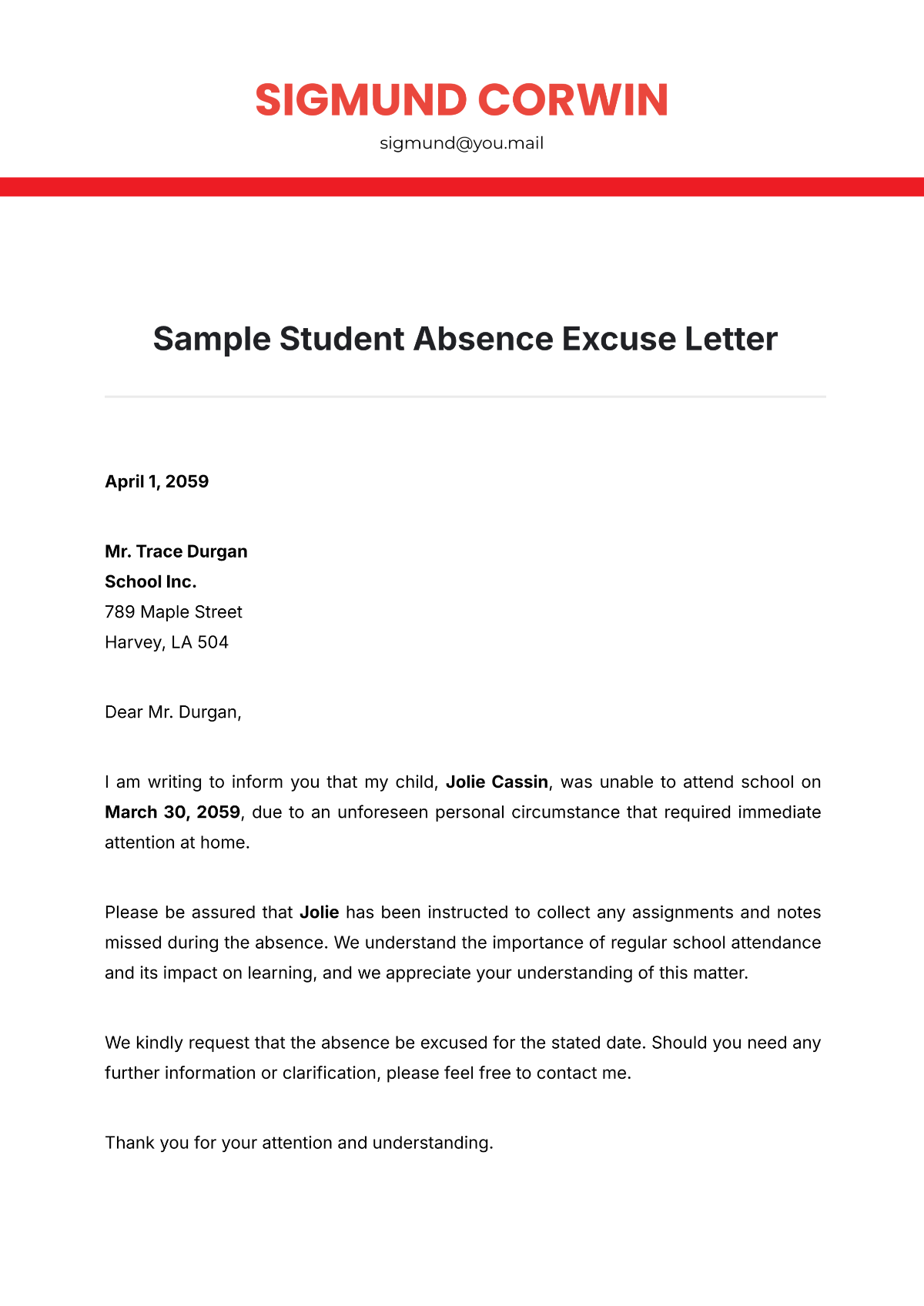 formal format for excuse letter
