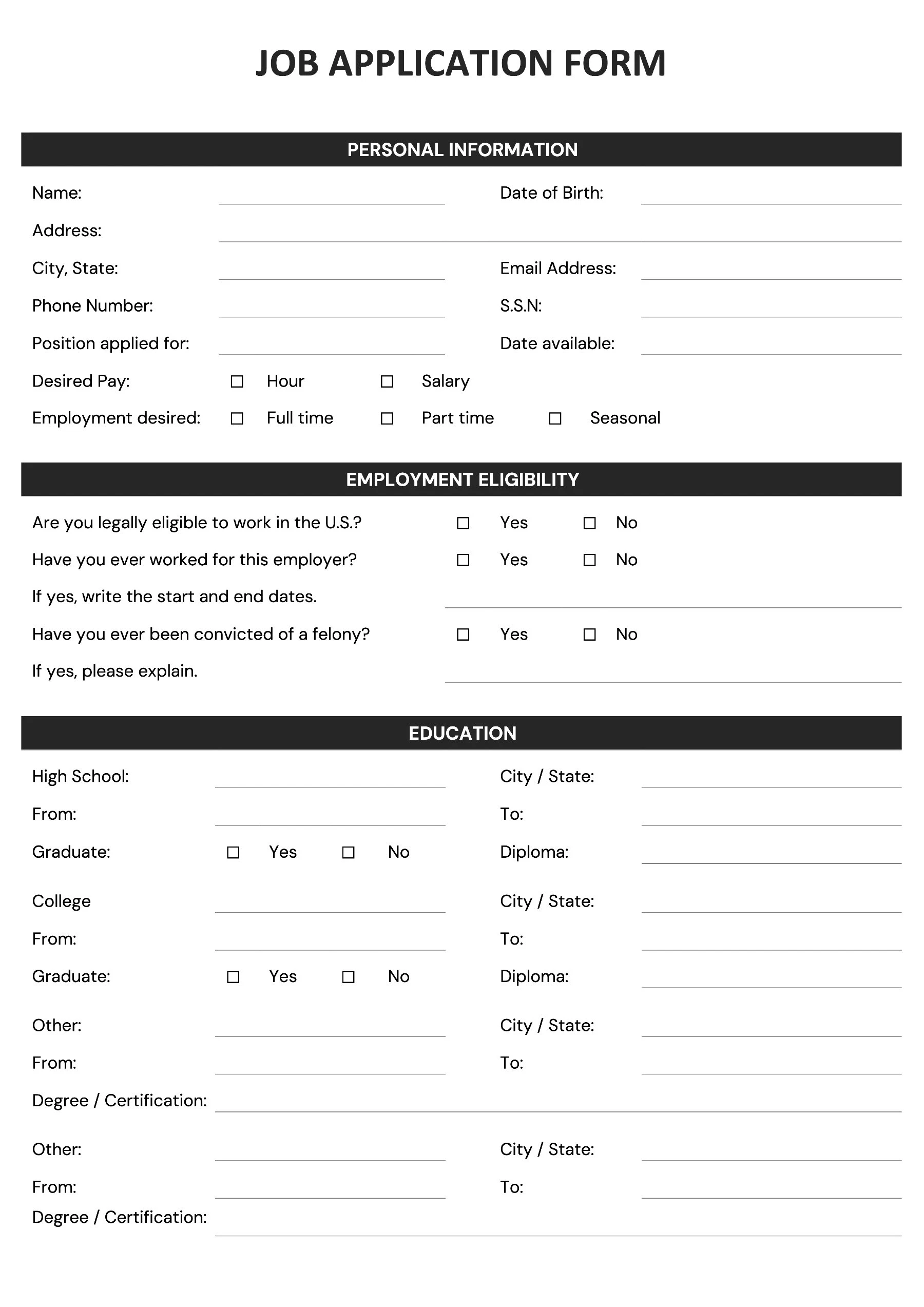 free blank employment application template