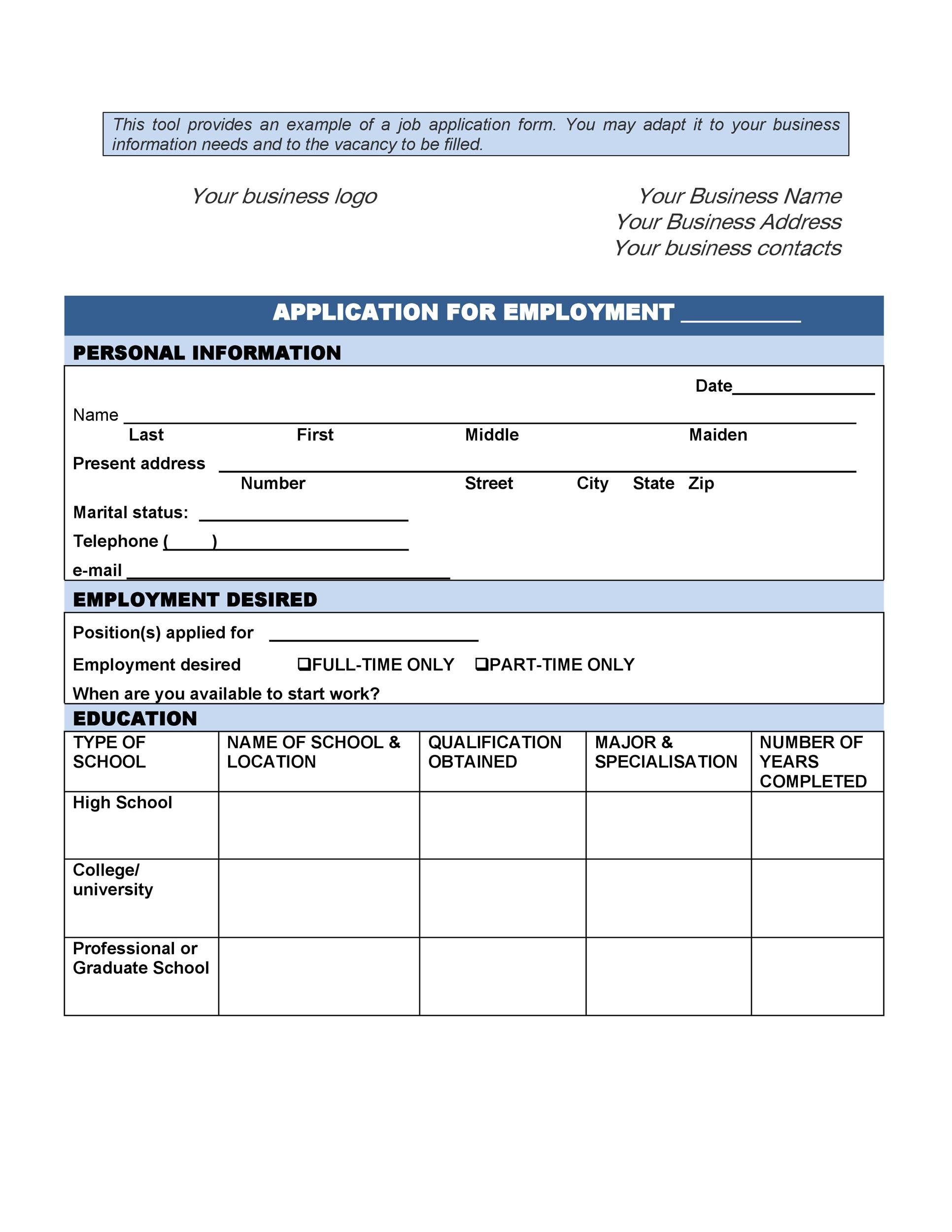free employment application form word