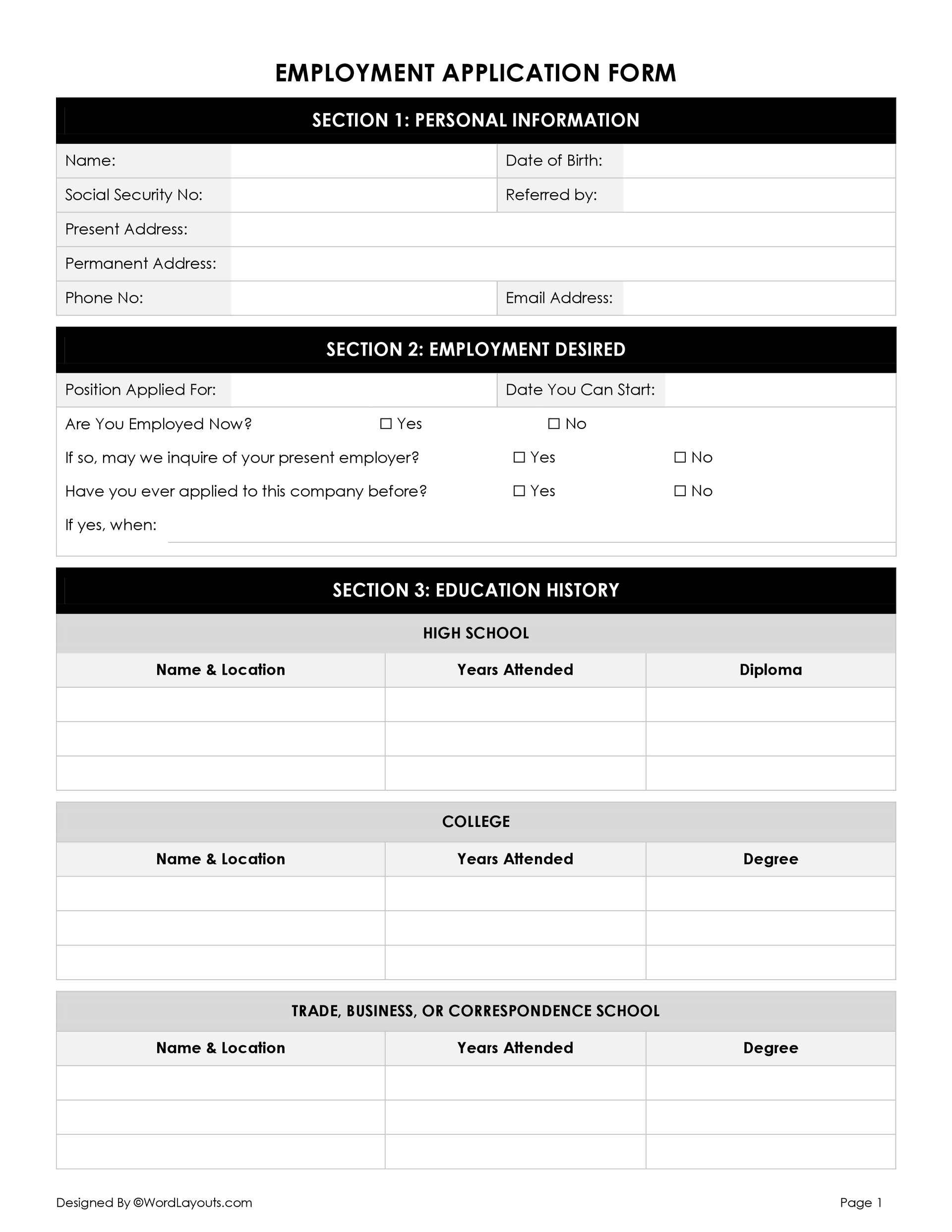 free employment application template word