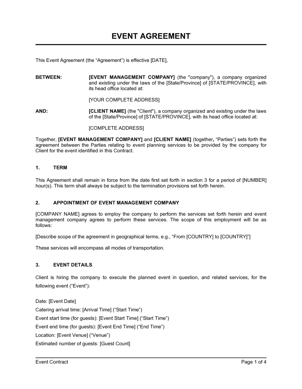 free event contract template word