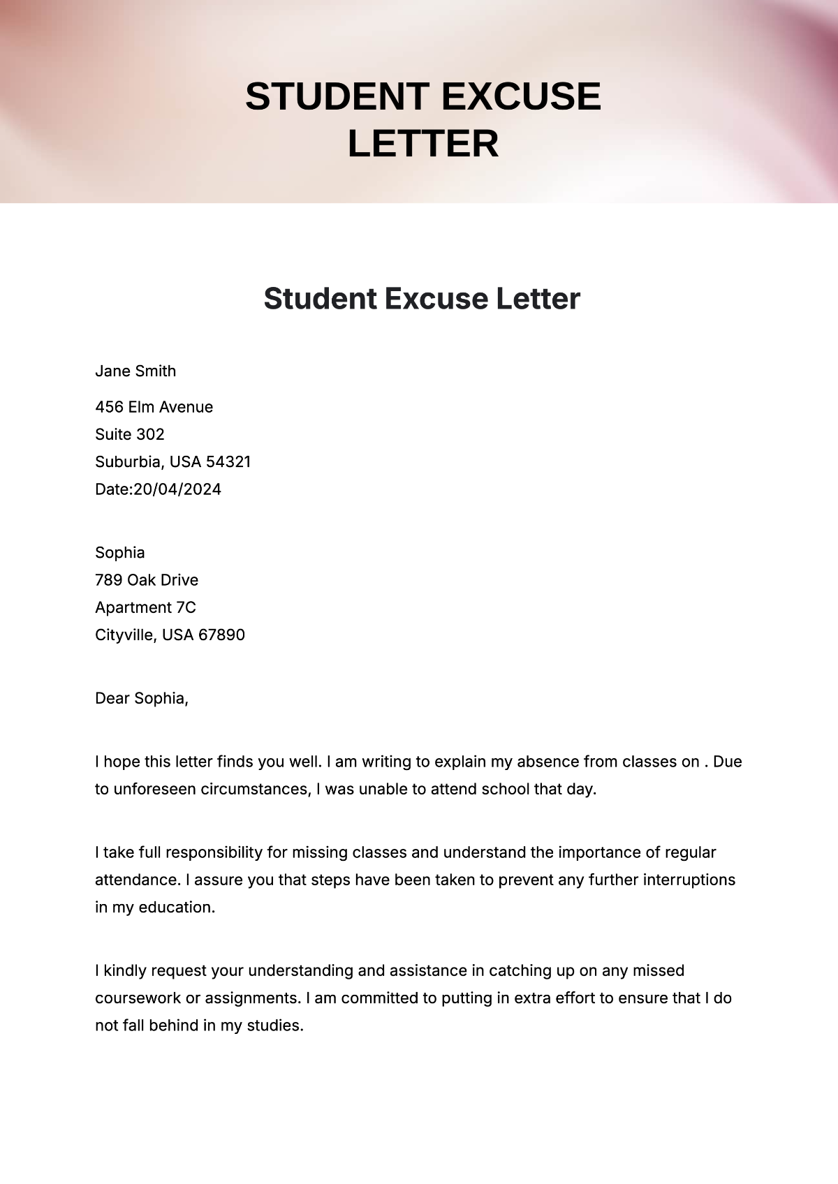 free excuse letter templates