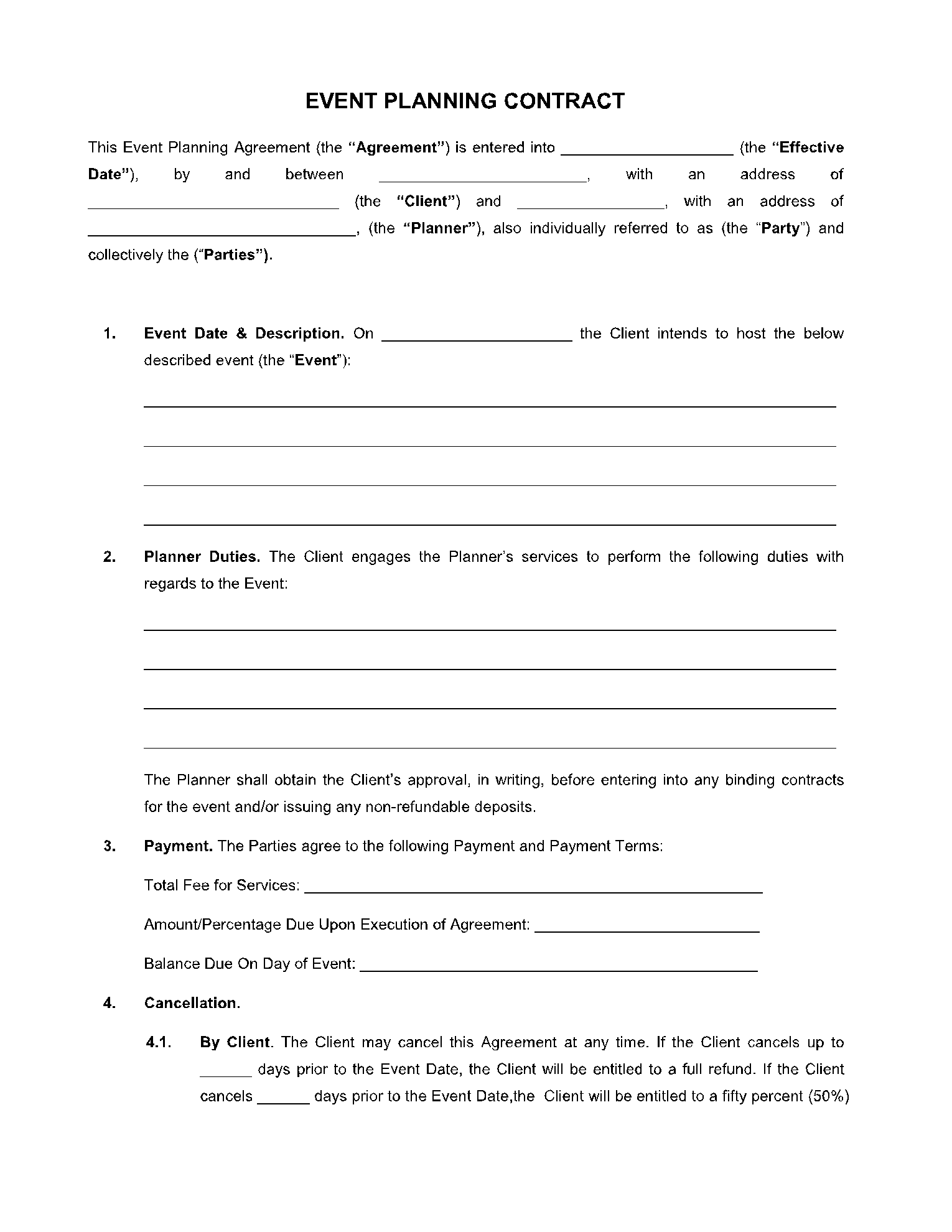 free printable event planner contract