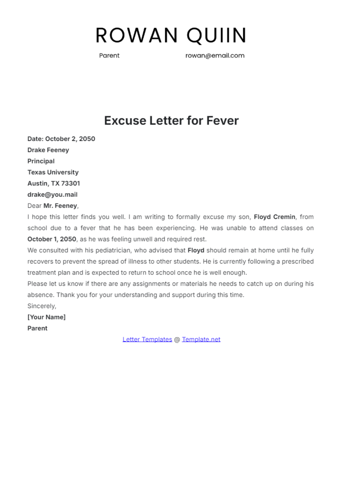 free printable excuse letter