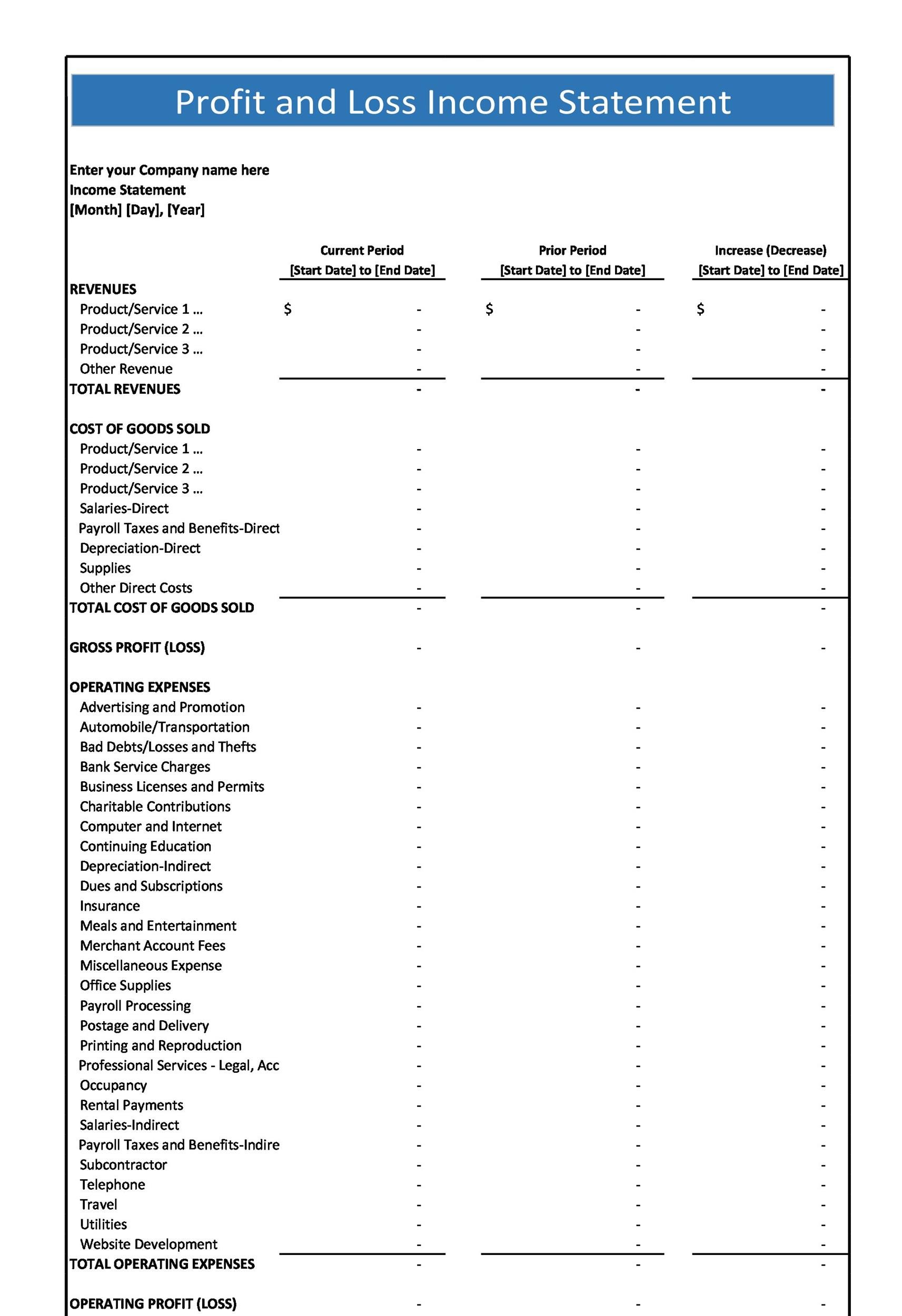 free printable profit loss statement free printable profit loss statement