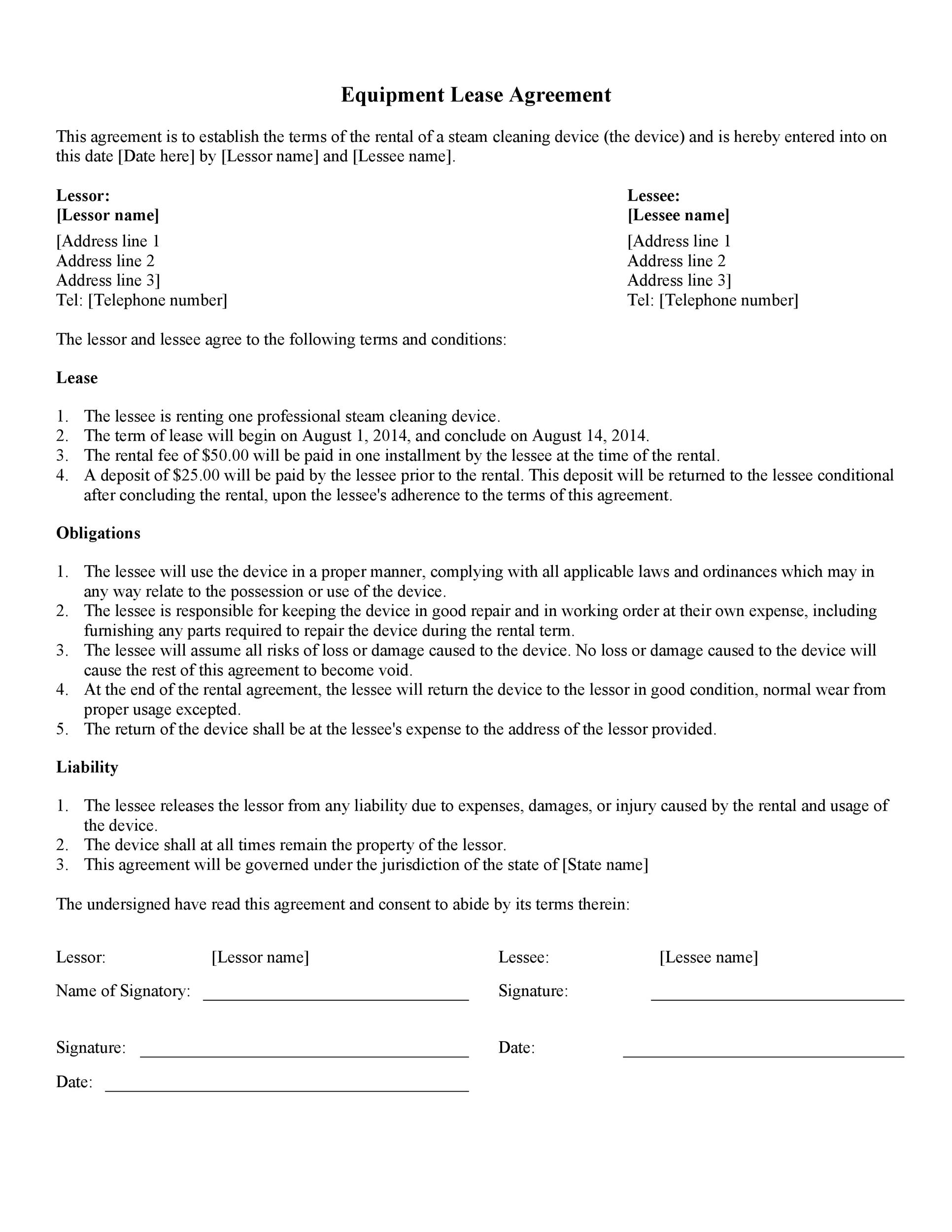 generic equipment lease agreement generic equipment lease agreement