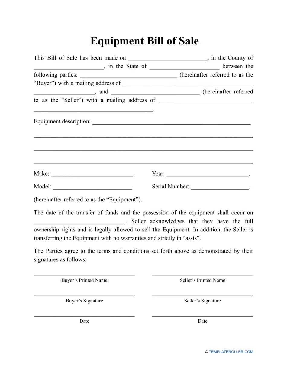 heavy equipment bill of sale
