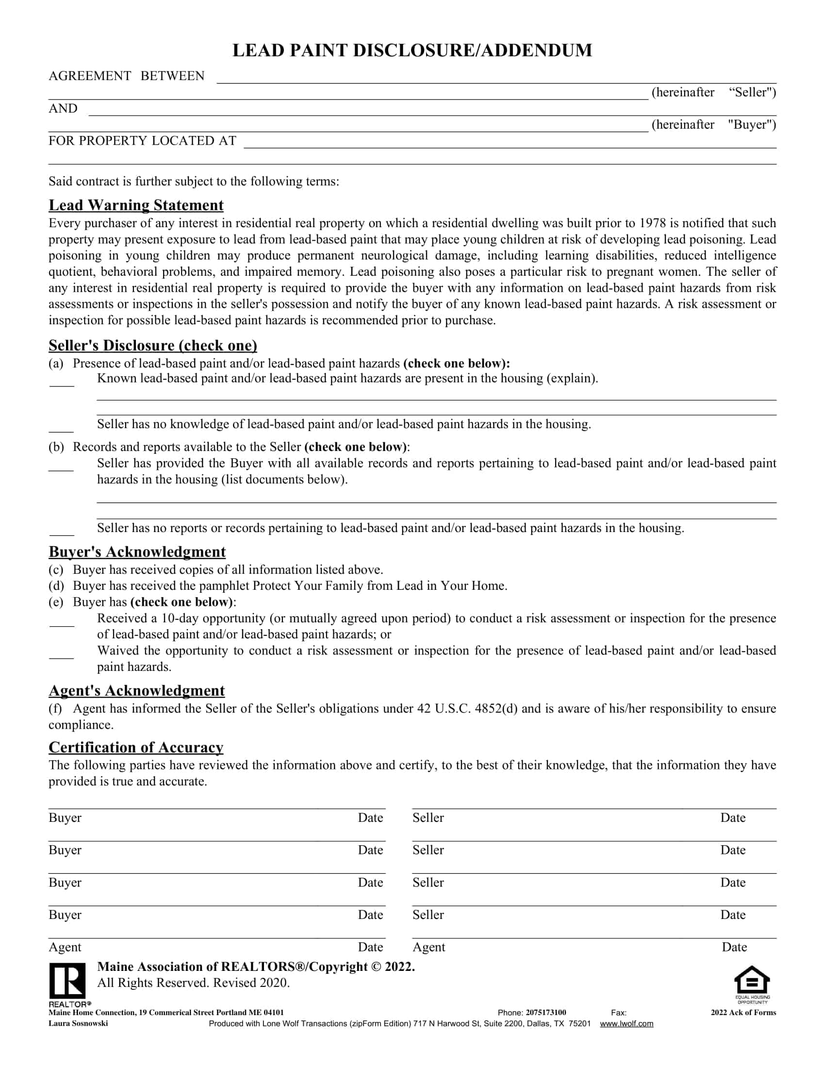 lead based paint disclosure form free printable