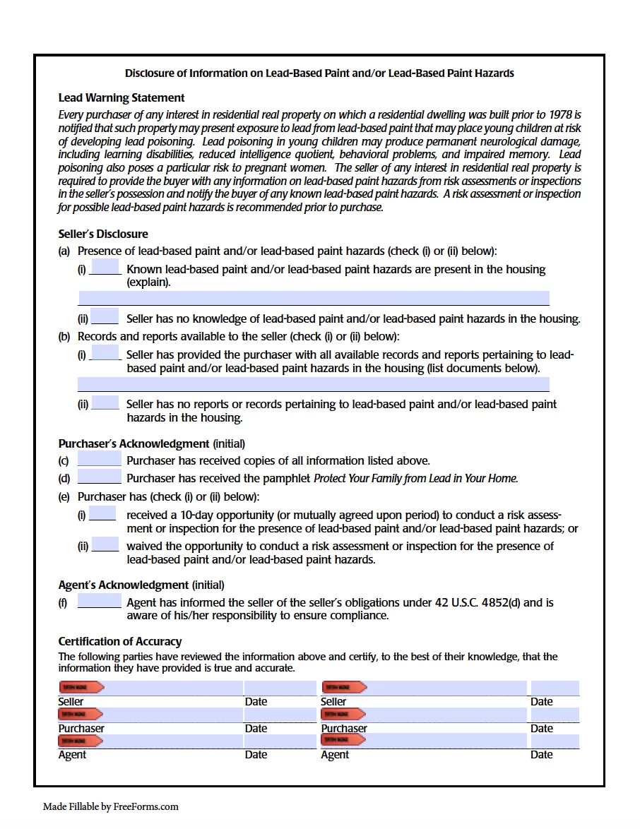 lead based paint disclosure form pdf
