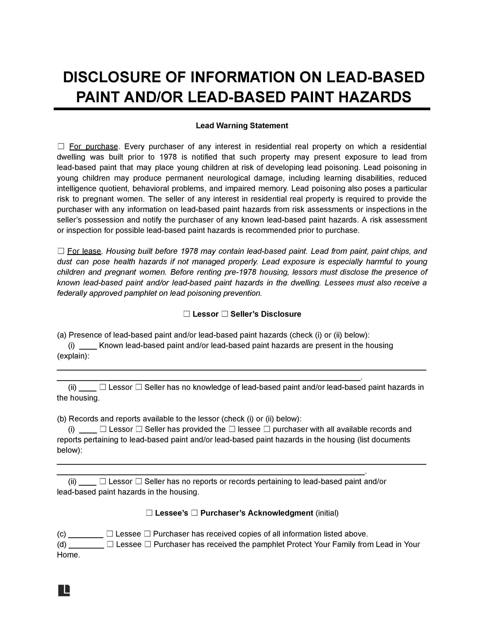 lead based paint disclosure form template