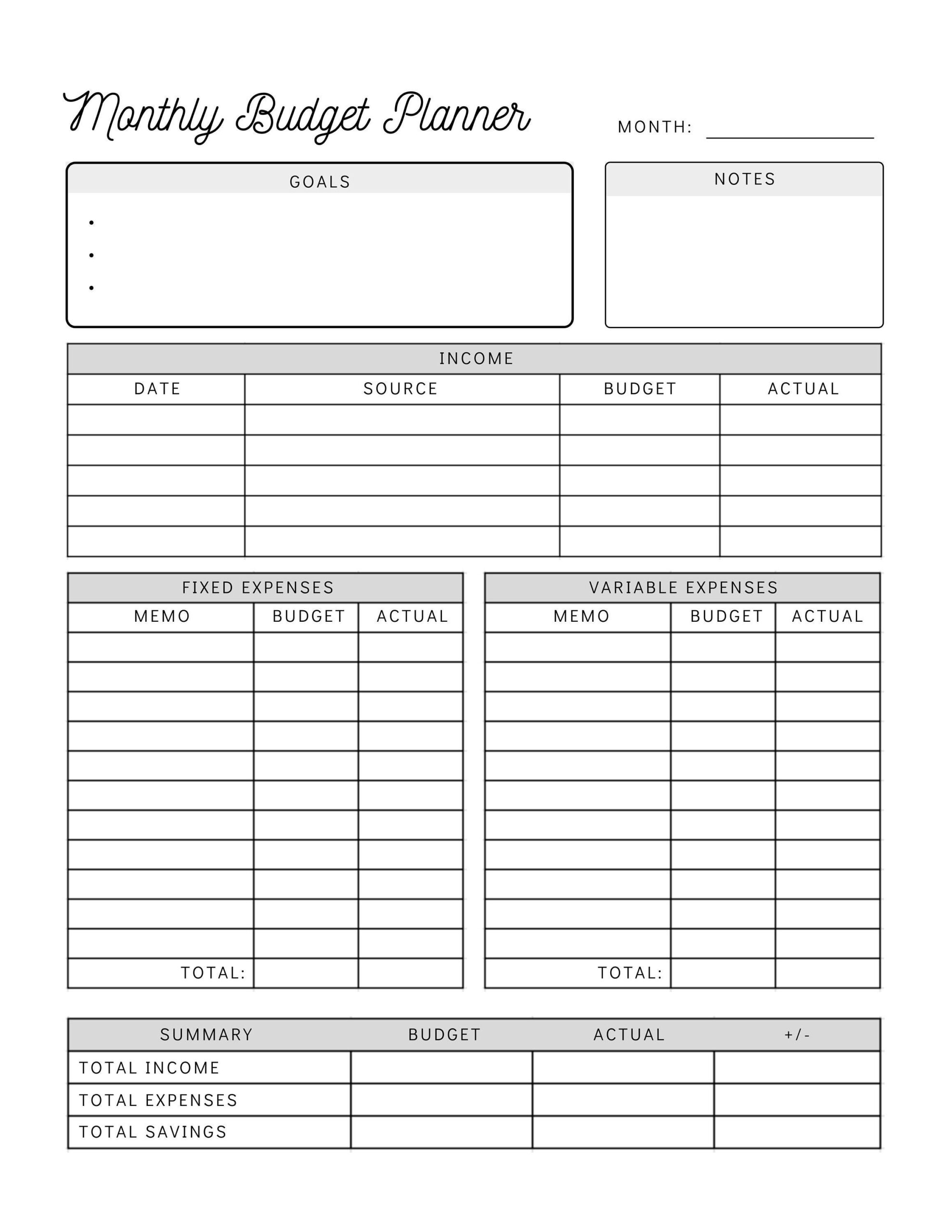 monthly budget planner template printable